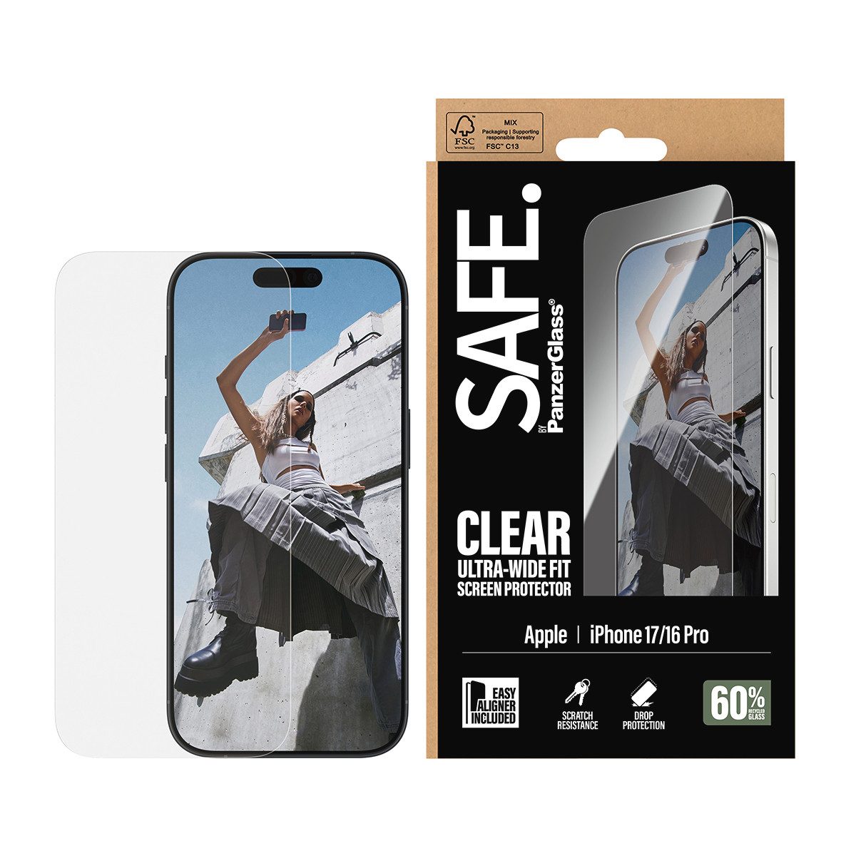 SAFE by PanzerGlass Displayschutzglas Ultra-Wide Fit Screen Protector für Apple iPhone 16 Pro, Apple iPhone 17, Displayschutzfolie, Schutzfolie, Bildschirmschutz, kratz- & stoßfest