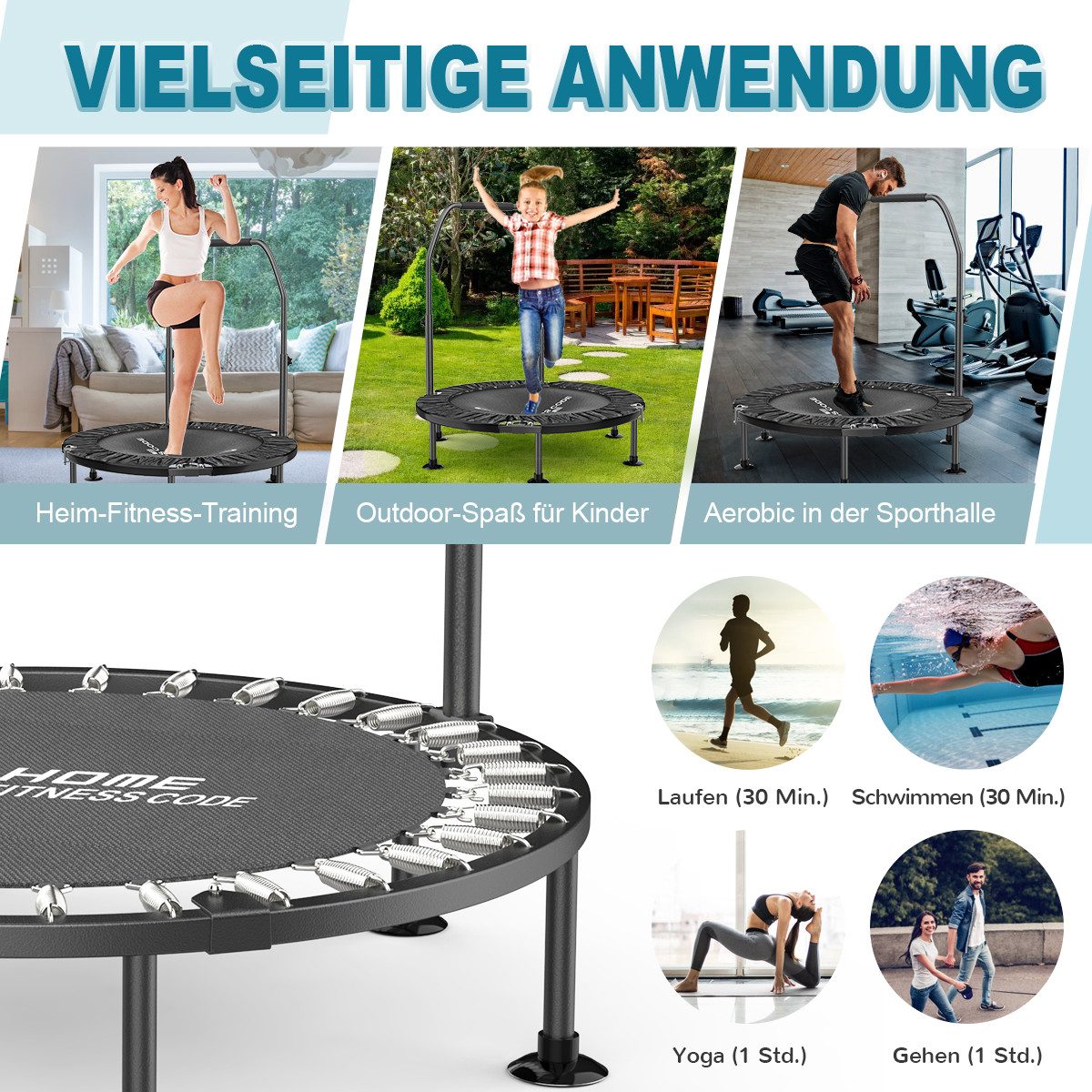 ZAISZE Fitnesstrampolin Indoor Trampolin klappbar ohne Installation 40 Zoll, Ø 102 cm, Tragfähigkeit 150KG, 5 verstellbare Handgriffstufen – Bild 4 von 5