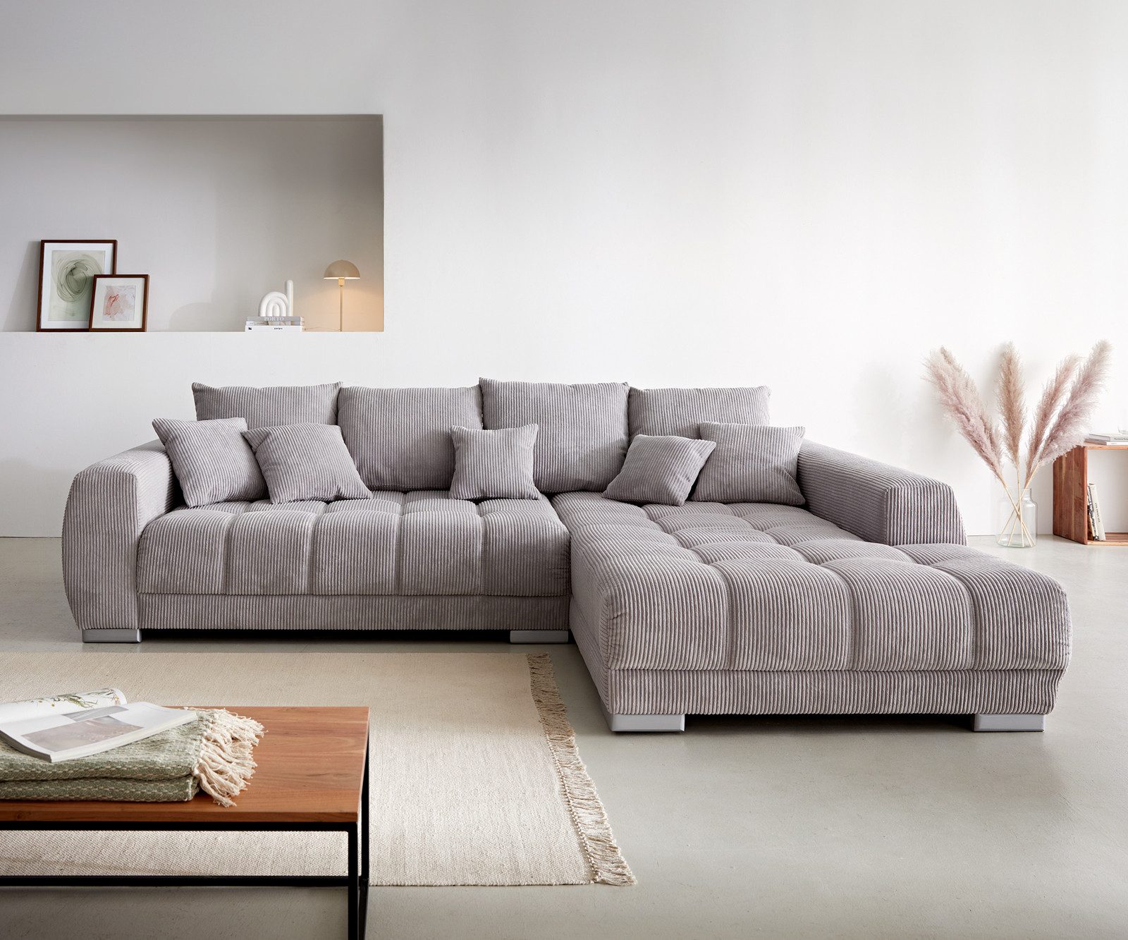 DELIFE Ecksofa Josea, Cord Silbergrau 300x220 cm Ottomane rechts Ecksofa günstig online kaufen