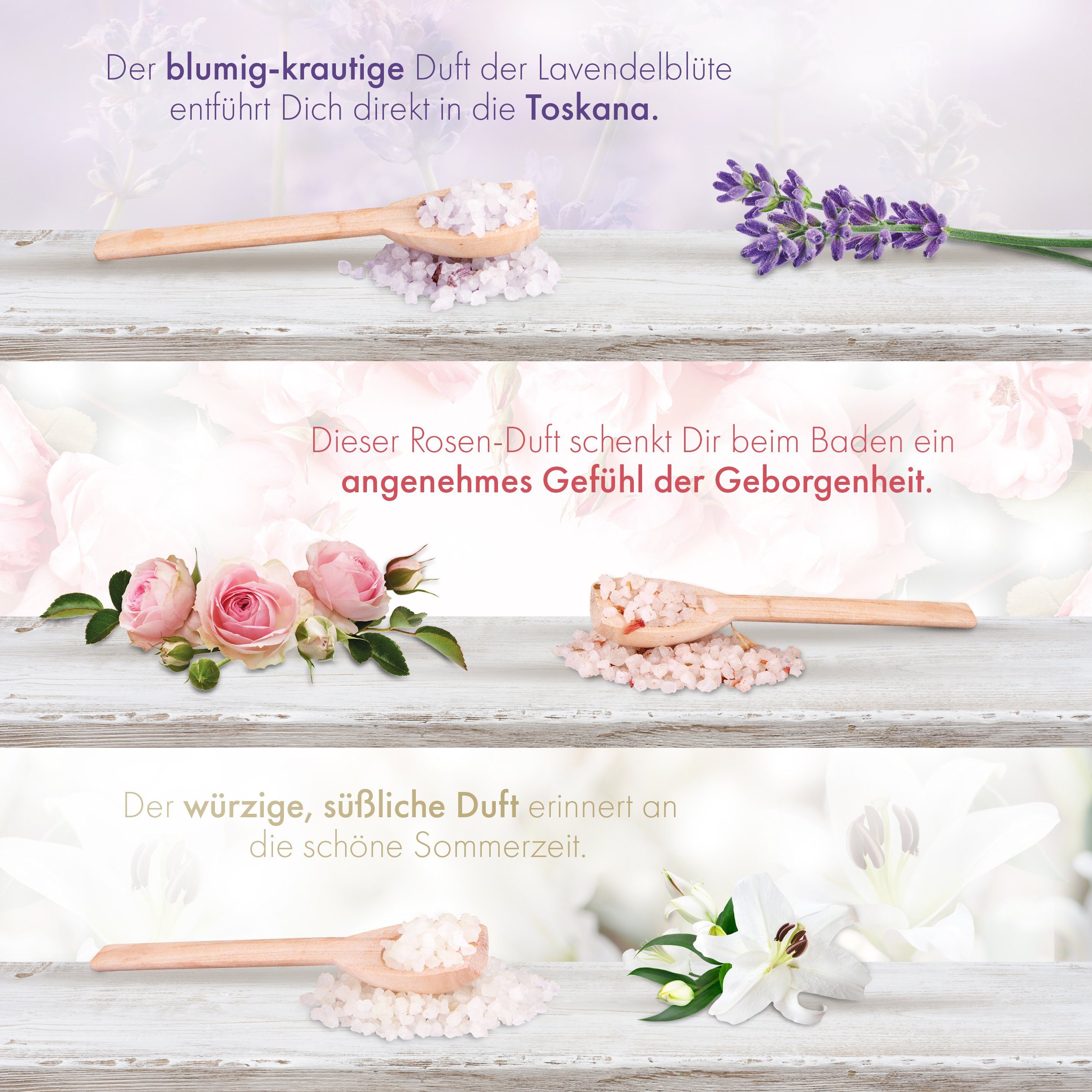 Erholung Baden für - natürlichen und BRUBAKER Körperpflege Set Rose Entspannung, mit Lilie Duft, Extrakten, & Badesalz Wellness Badezusatz 3-tlg., Lavendel