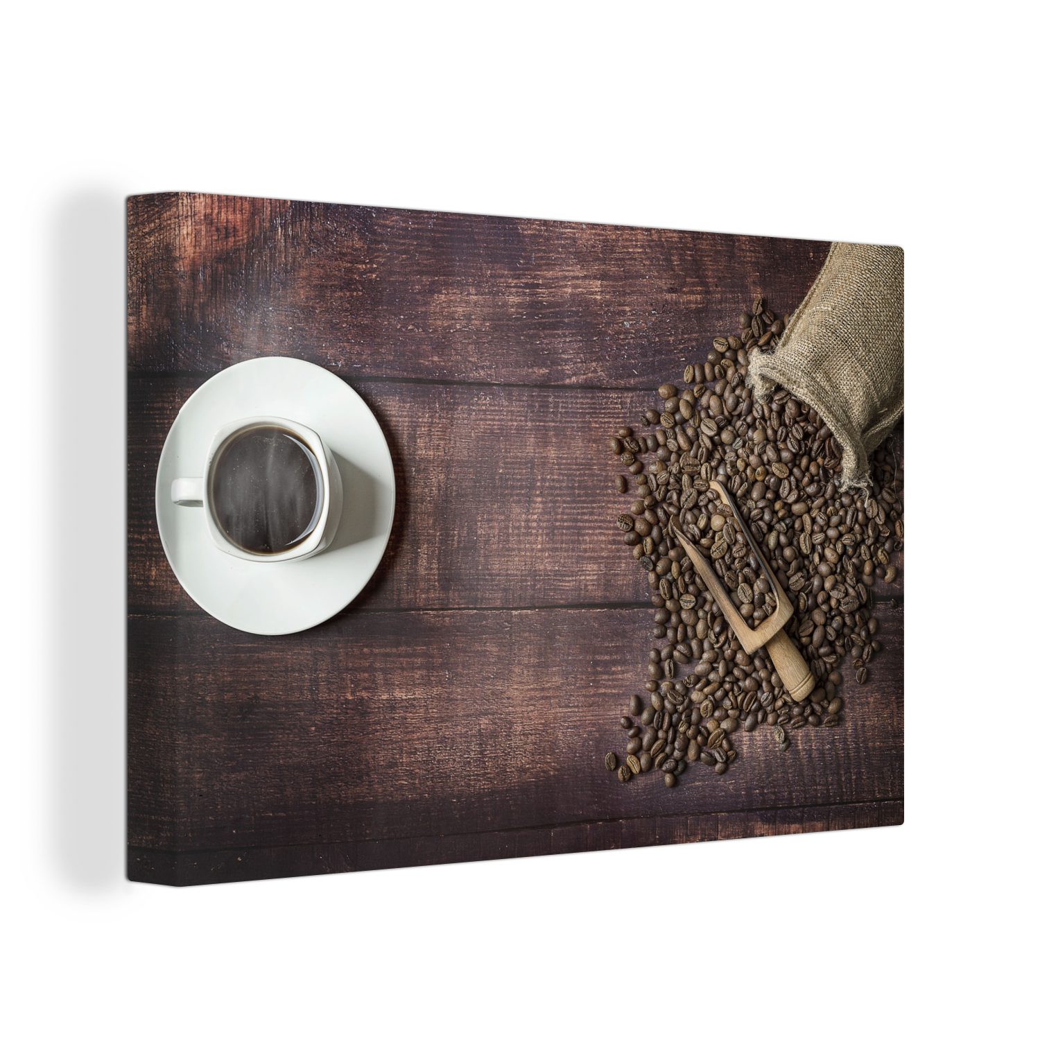 Kaffee, Aufhängefertig, St), mit Leinwandbild Wandbild einer Kaffeebohnen Beutel cm Leinwandbilder, Wanddeko, OneMillionCanvasses® 30x20 (1 neben Tasse