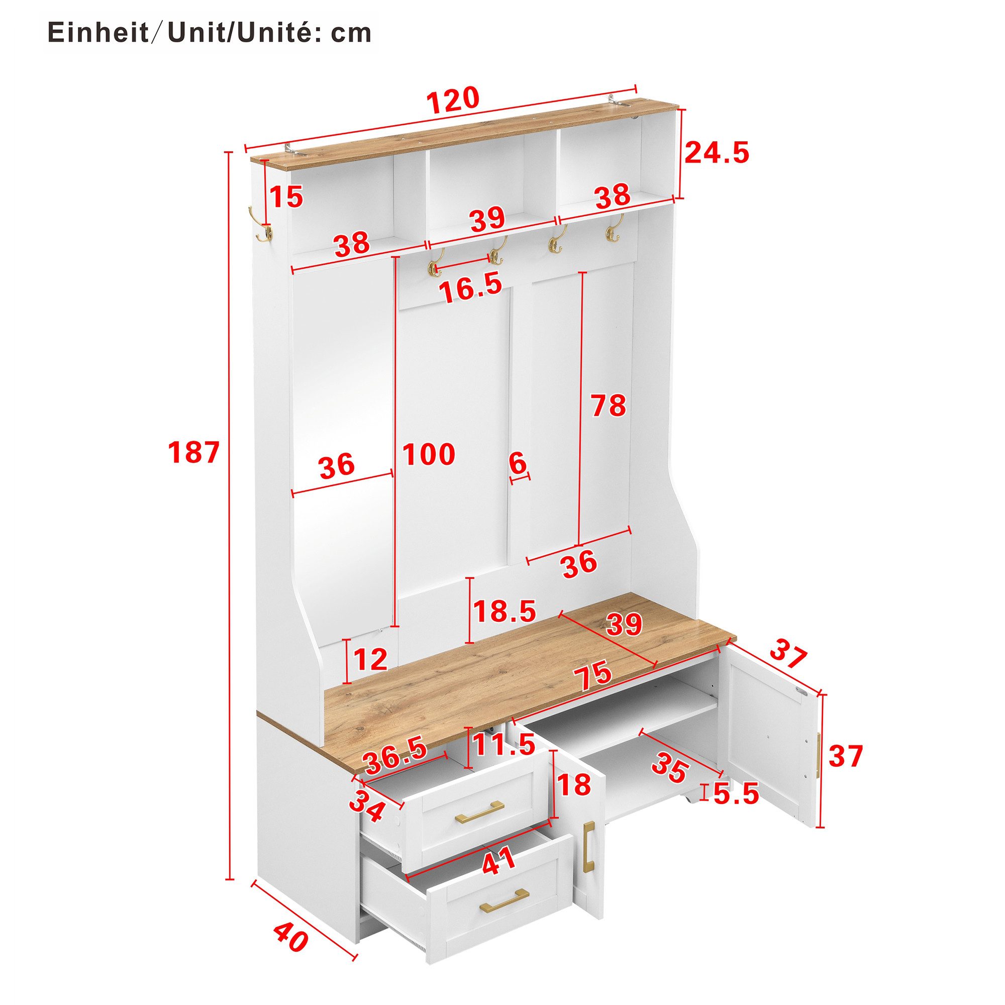 Merax Garderoben-Set mit LED-Beleuchtung inkl. App, (120 x 187 x 40 cm, 1-St., Möbelset Garderobenschrank Eingangsbereich-Schrank), Garderobenkombination mit Sp – Bild 5 von 5