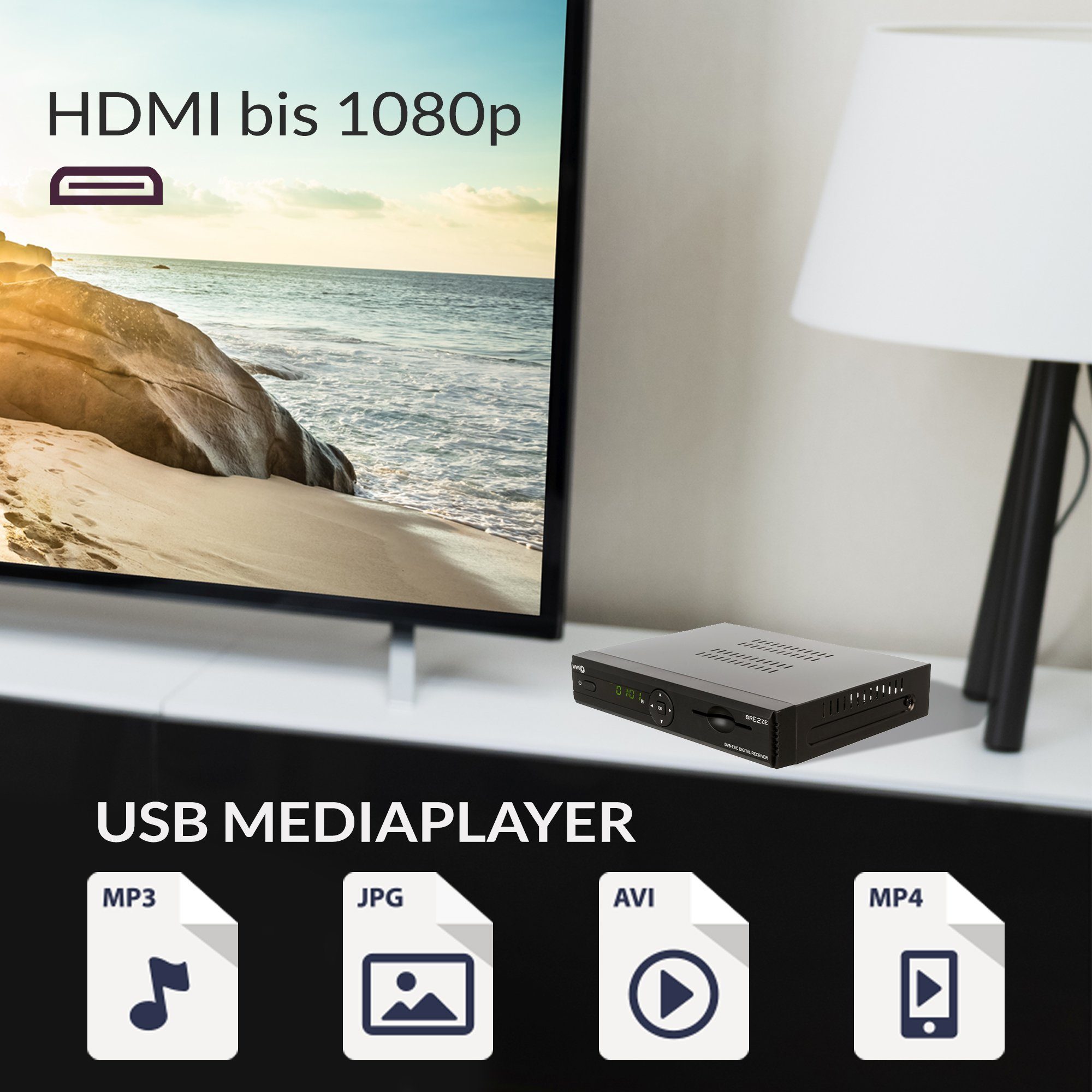 WWIO Bre2ze T2/C DVB-T2/C Hybrid Digital Receiver DVB-T2 HD Receiver (Ethernet 10/100 Mbit/s, HEVC‑Decoder für klare Bildqualität bis 1080p)