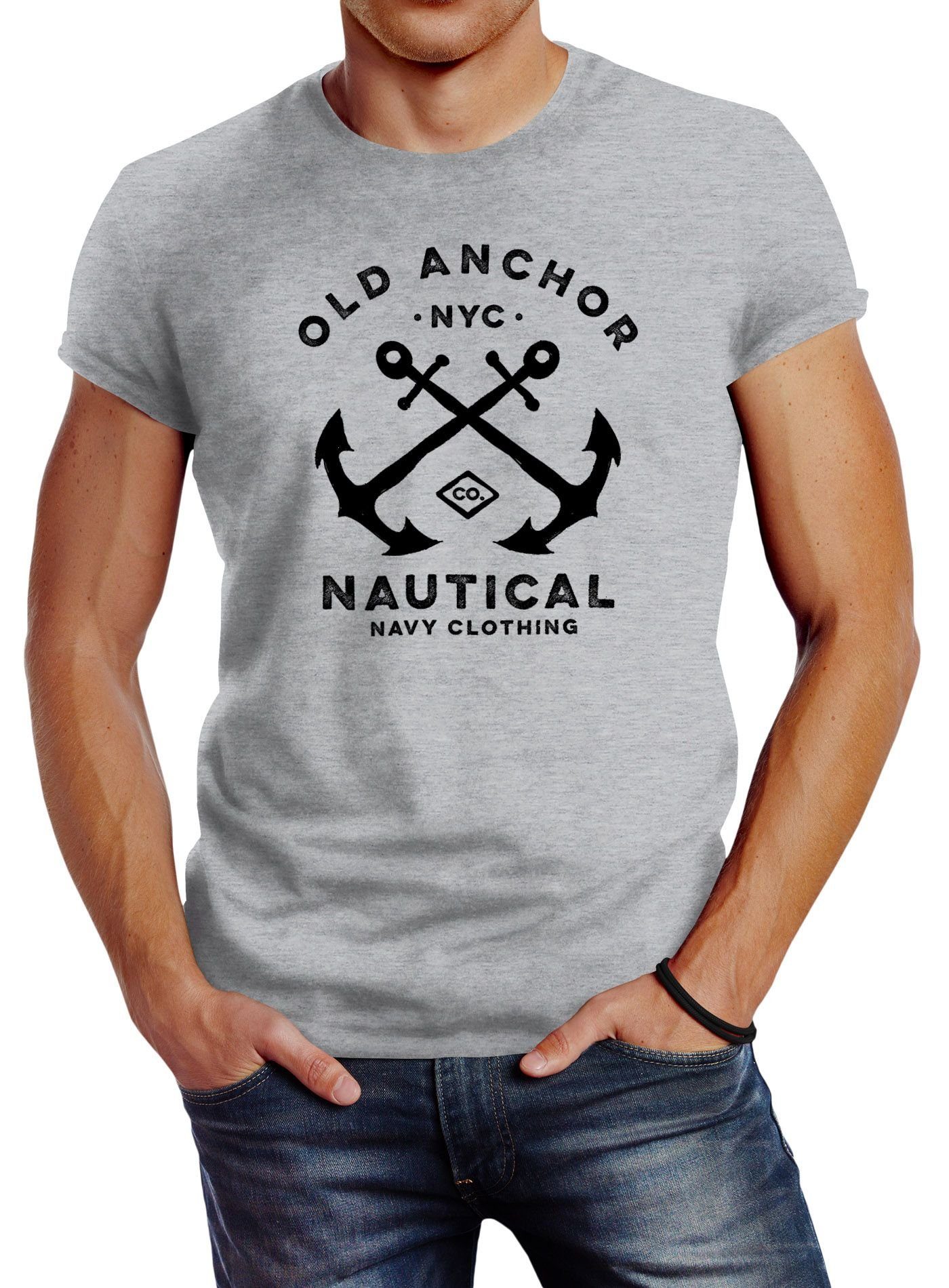 Neverless Print-Shirt Herren T-Shirt gekreuzte Anker Old Anchor Nautical Neverless® mit Print grau