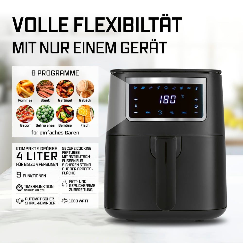 GOURMETmaxx Heißluftfritteuse 4 L Airfryer, Fritteuse mit Touchscreen, 1300 W, 9 Funktionen 8 Programme Minibackofen Pommes Steak nahezu ohne Fett