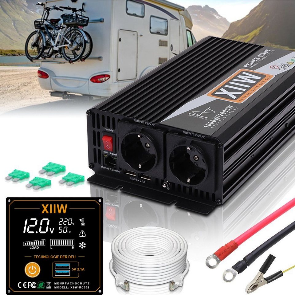 XIIW Spannungswandler 12V 230V Reiner Sinus 1000W-6000W KFZ Wechselrichter  Spannungswandler, (Power Solar Inverter Umwandler Stromwandler),  Fernbedienung +AC Steckdosen +USB +Batteriekabel