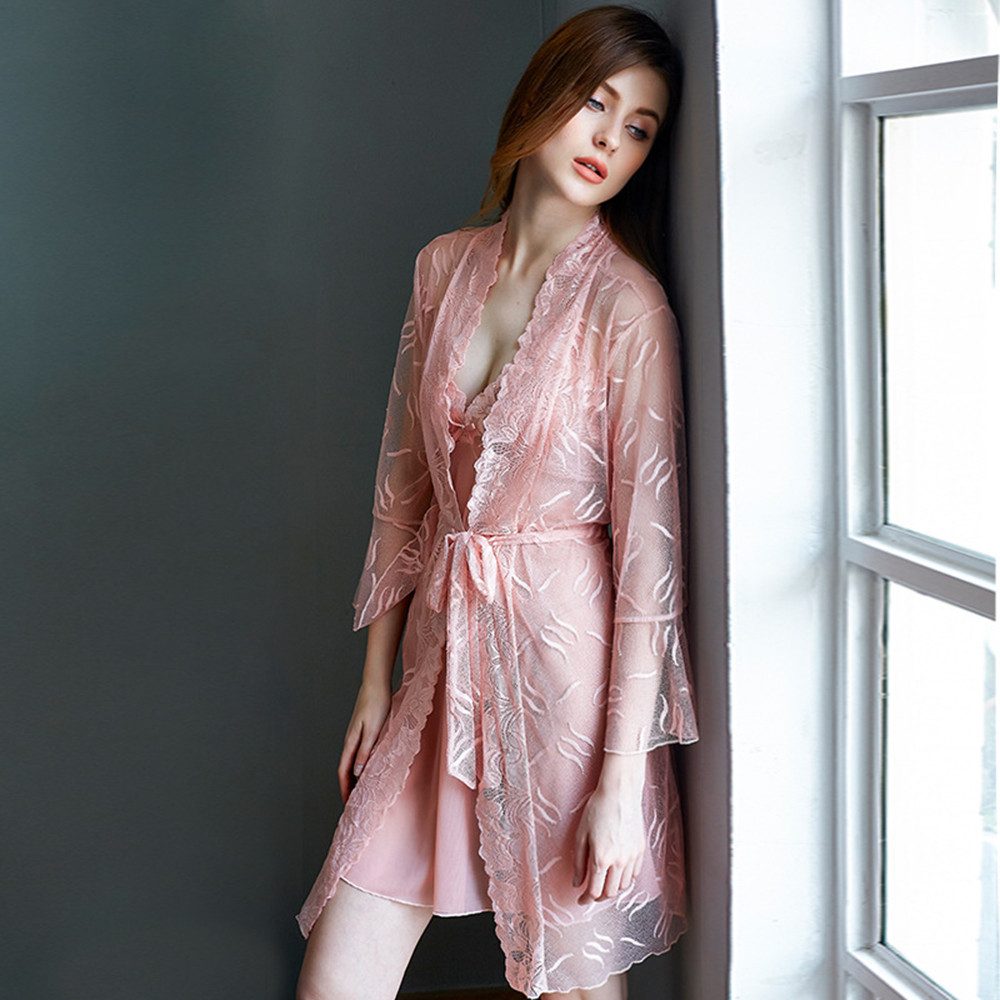 ZEUOPQ Kimono Hausmäntel Spitzen-Kimono Homewear 3-teilig günstig online kaufen