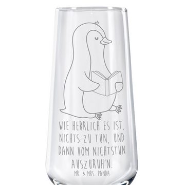 Mr. & Mrs. Panda Sektglas Pinguin Buch - Transparent - Geschenk, Nichtstun, Sektglas mit Gravur, Premium Glas, Detailreiche Gravur