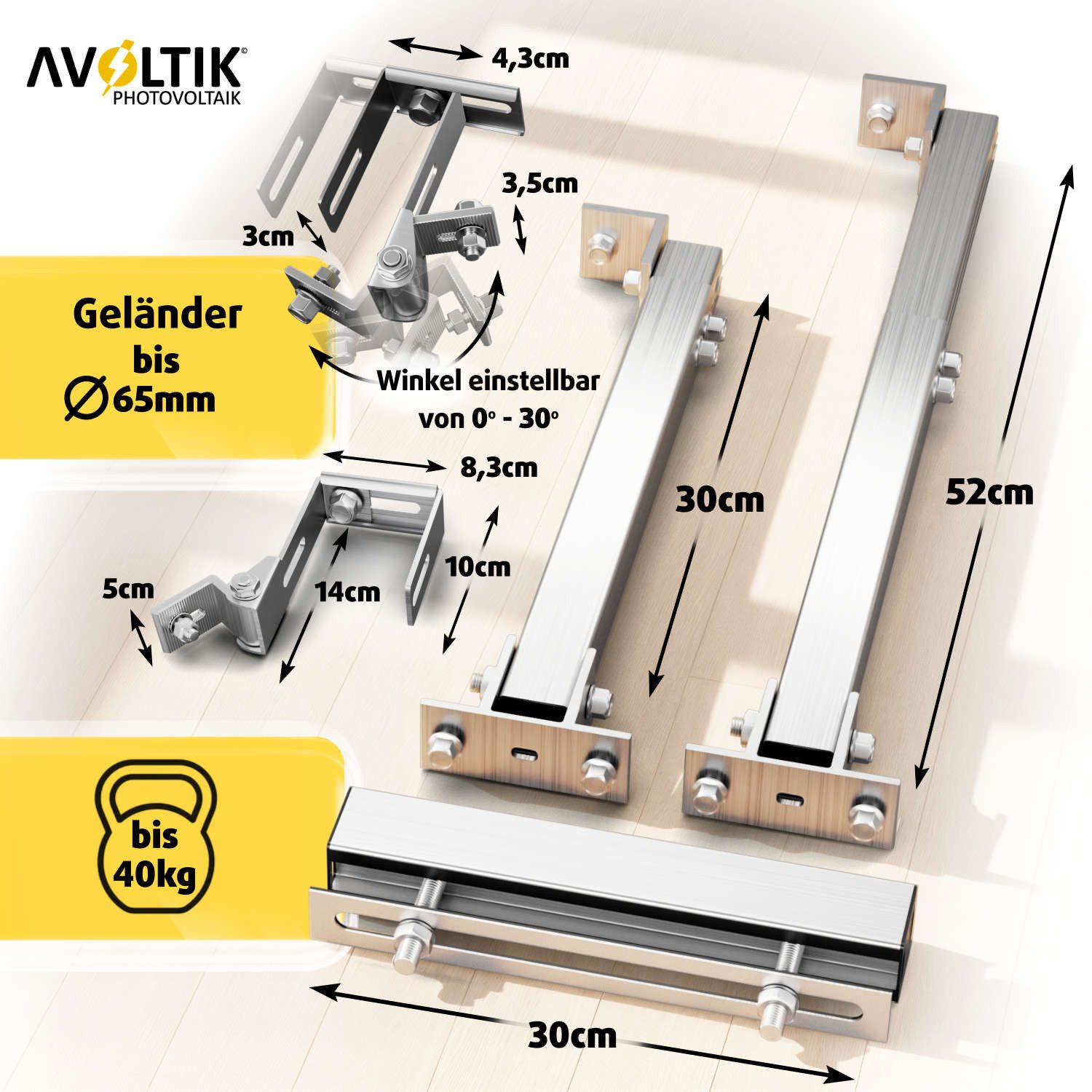 avoltik Solarmodul-Halterung Solarmodul Halterung Alu Aufständerung für Photovoltaik Winkel eckig, (Balkonhalterung 1er oder 2er zur Auswahl, Balkonhalterung 1er oder 2er zur Auswahl, Farbe silber)