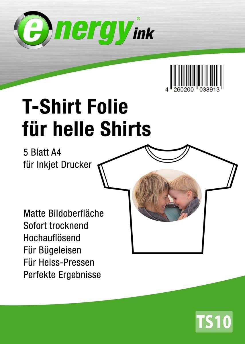 Energy-ink Fotopapier TS10, T-Shirt Folie A4 - 5 Blatt Bügelfolie für helle Textilien
