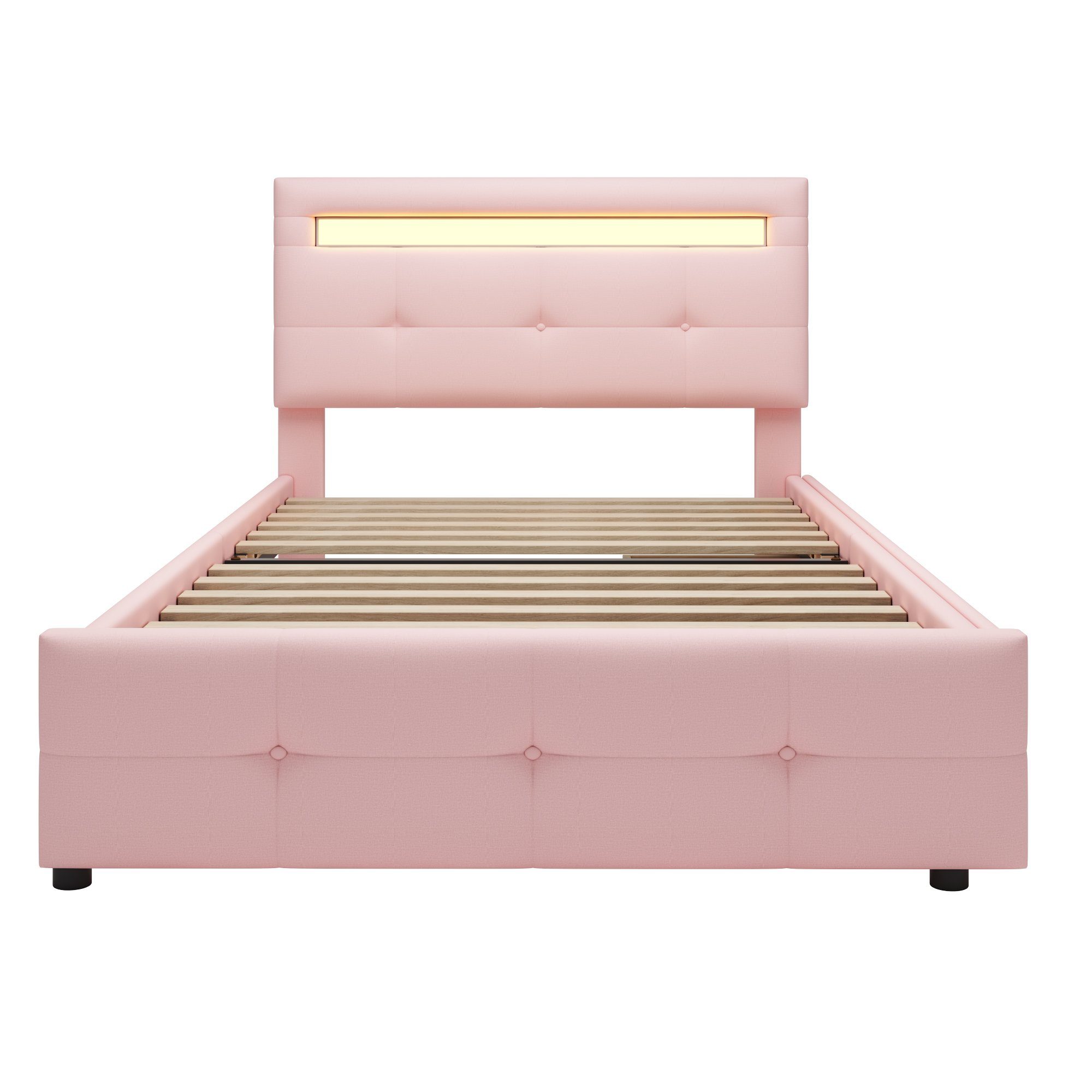 200x90cm, Kinderbett Gästebett OKWISH LED-Leuchten, Leinenpolsterung Schubladen, (mit Jugendbett Polsterbett Matratze Bett hautfreundlicher Ohne flach), rosa 2