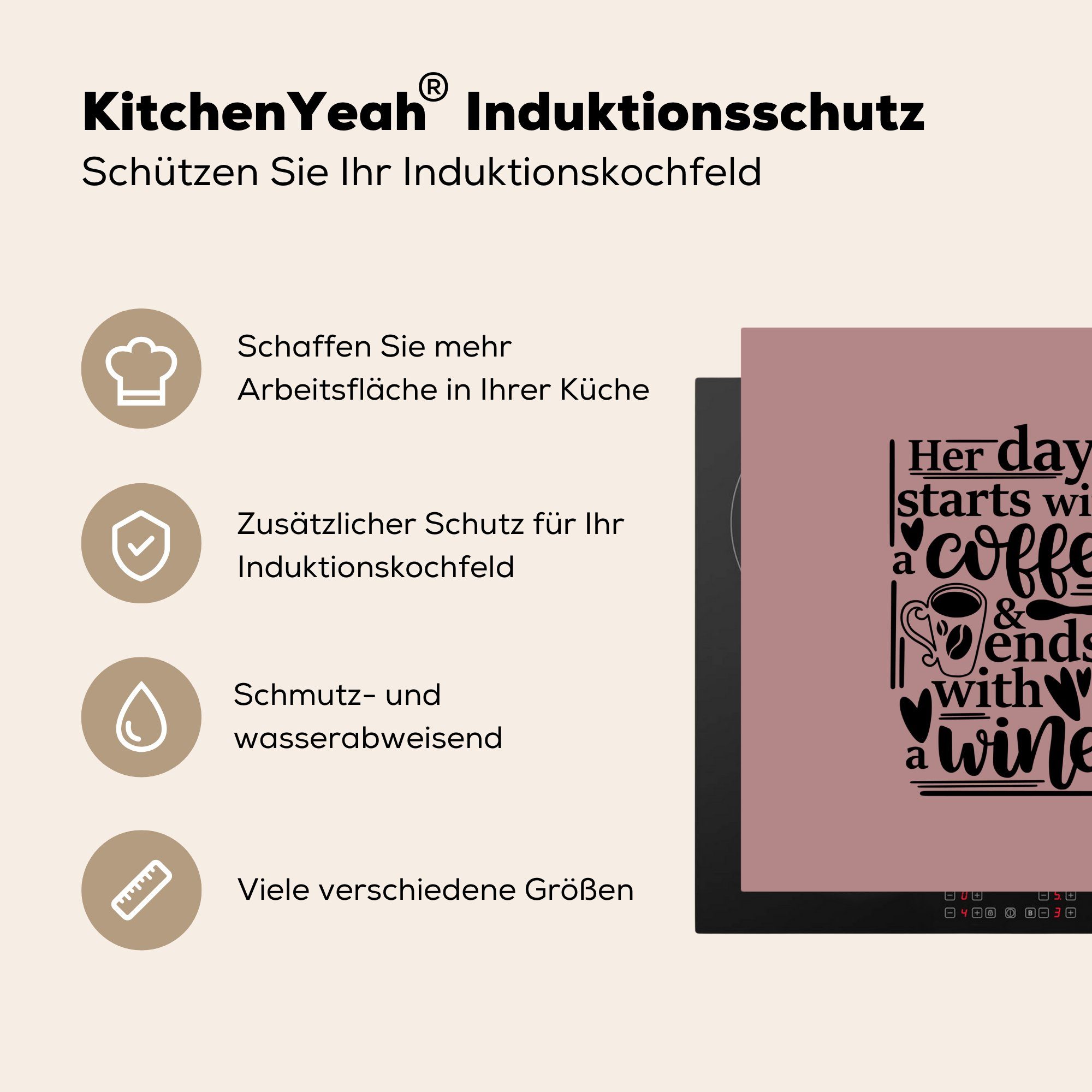 MuchoWow Herdblende-/Abdeckplatte Kaffee - Ceranfeldabdeckung, für küche 78x78 cm, - tlg), (1 Sprichwörter, Wein Vinyl, Arbeitsplatte