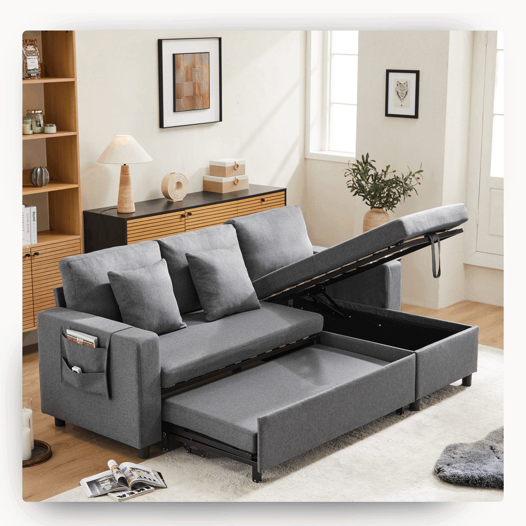 SeedWave Schlafsofa Leinenstoffen Schlafsofa für 3-4 Personen, Ecksofa und Bett in Einem, Polstersofa mit Chaiselongue, Seitenfach und Stauraum