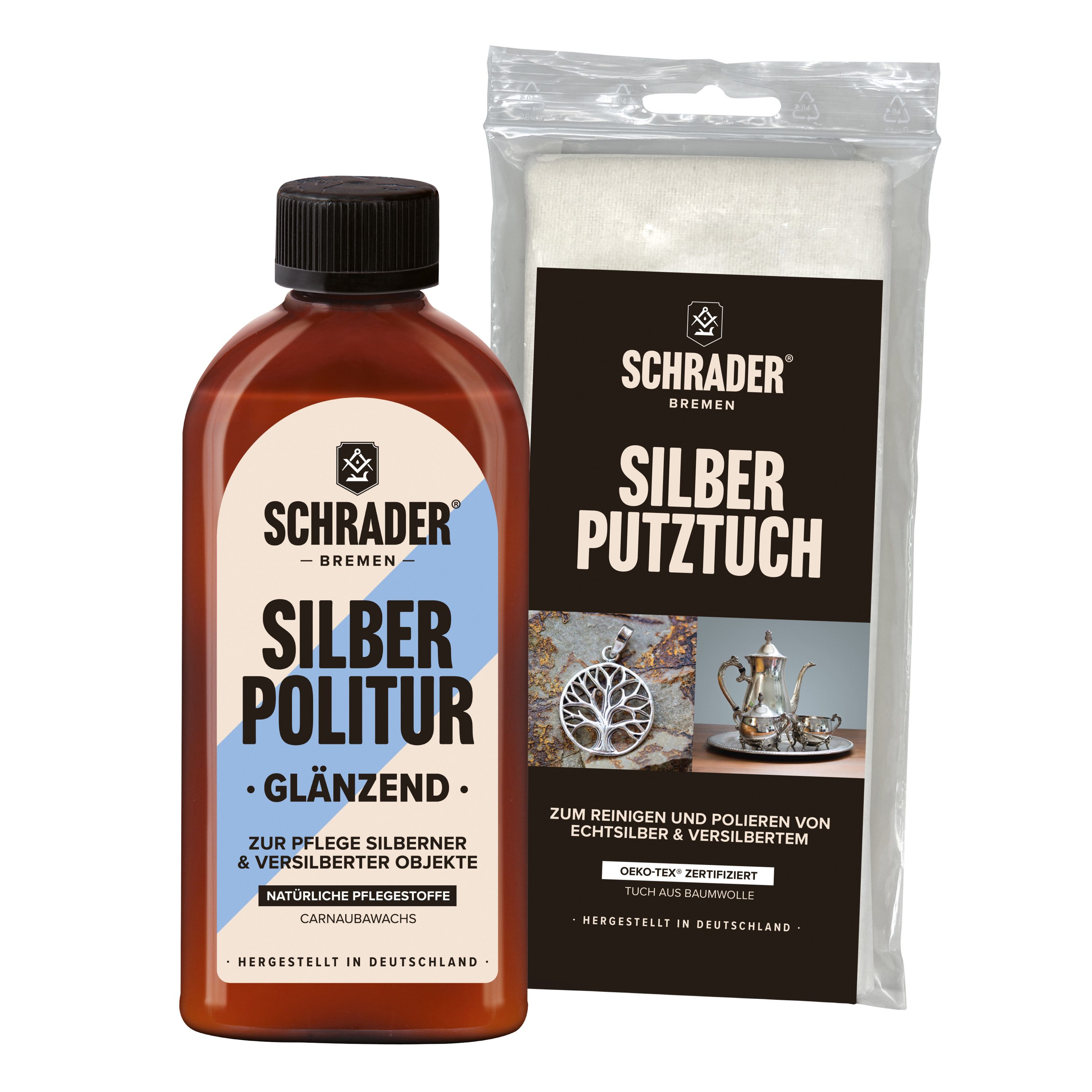 Schrader Reinigungsset - Silber Politur - 250ml - mit Silberputztuch Schmuckreiniger (professionelle Reinigung für Echtsilber/Versilbertes - Made in Germany)