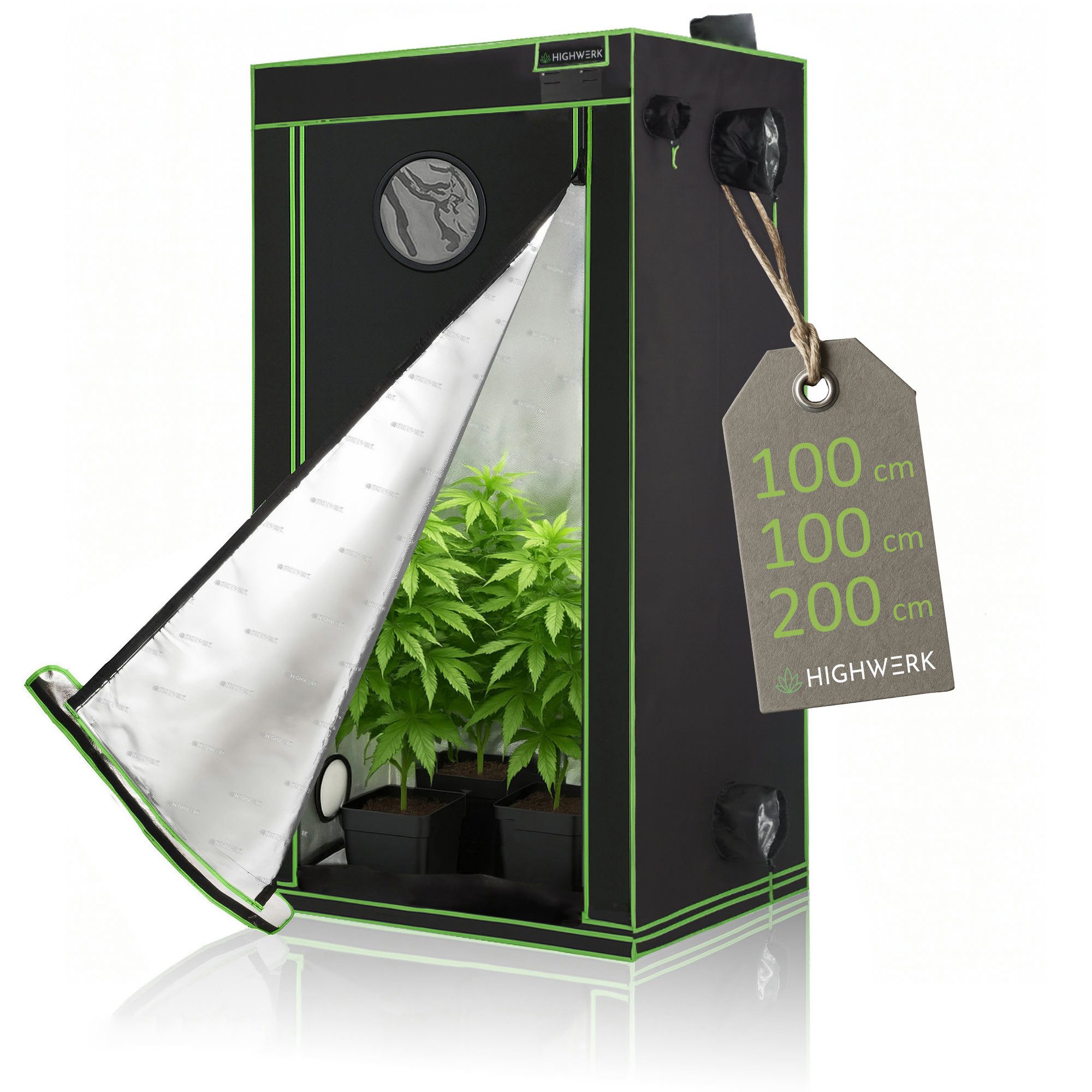 HIGHWERK Gewächshaus Growzelt 100 x 100 x 200 cm, Indoor Grow tent, schwarz grün