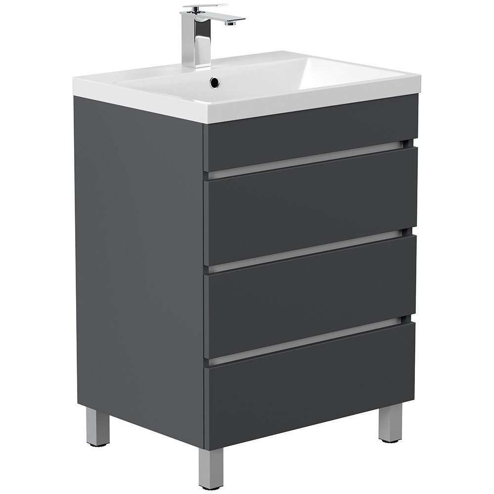 Lomadox Waschtisch FROME-02, grau grafit matt 60 cm mit Waschbecken und 3 Schubladen