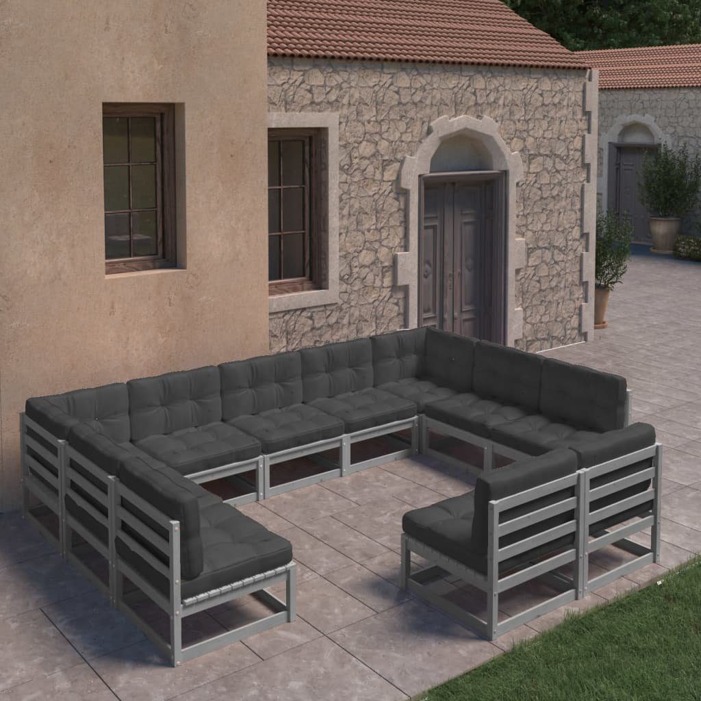 vidaXL Gartenlounge-Set 11-tlg. Garten-Lounge-Set mit Kissen Grau Kiefer Massivholz, (1-tlg)