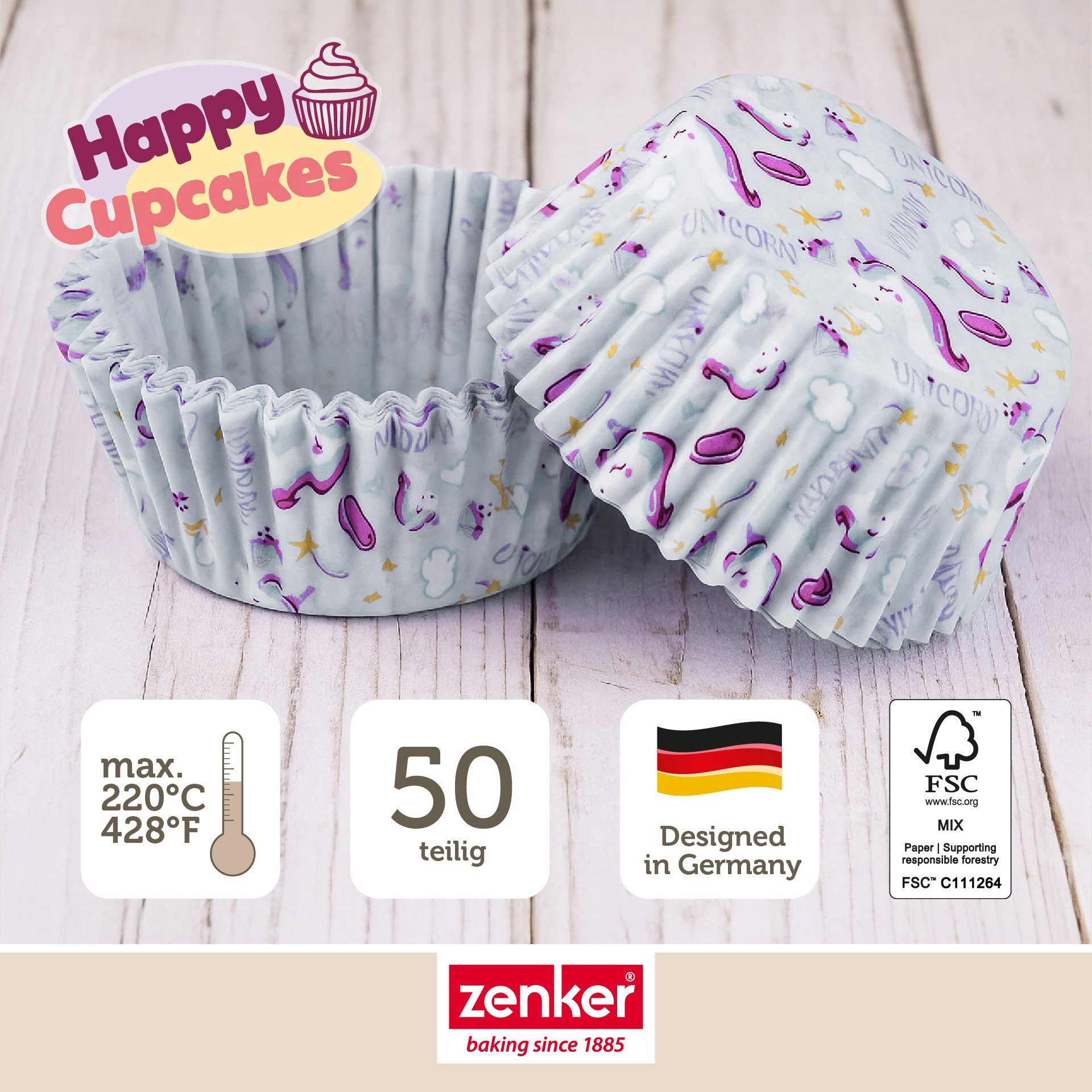 Zenker Muffinform Papier-Förmchen Einhorn, Backförmchen, Cupcake-Hüllen, Partyzubehör