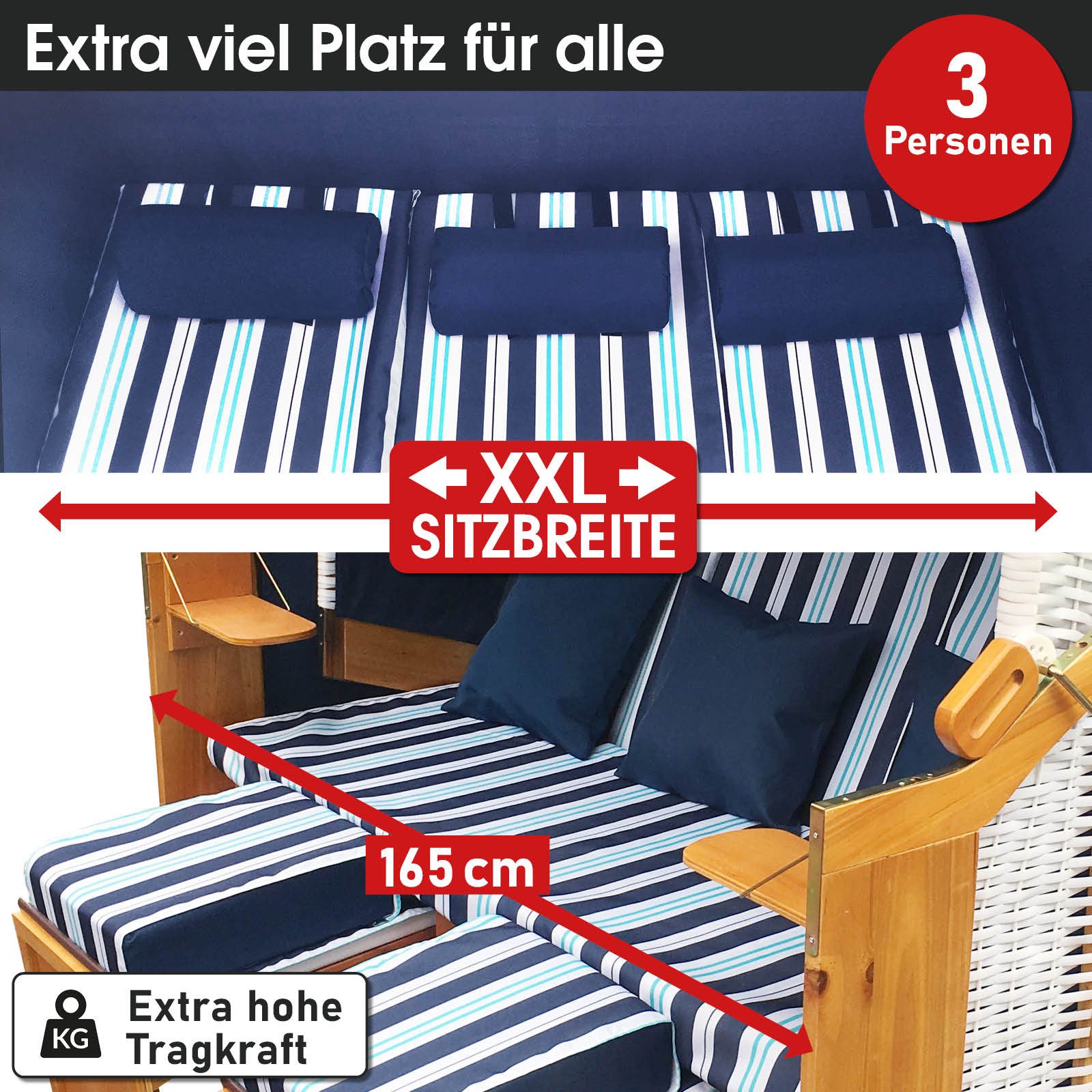 BRAST Strandkorb für 3 Personen, 120cm breit, 5 Designs, BxTxH: 165x79x150 cm, Volllieger, Strandkorb 3Sitzer Usedom, incl. wetterfeste Abdeckhaube verstellbare Rückenlehne Fußkissen