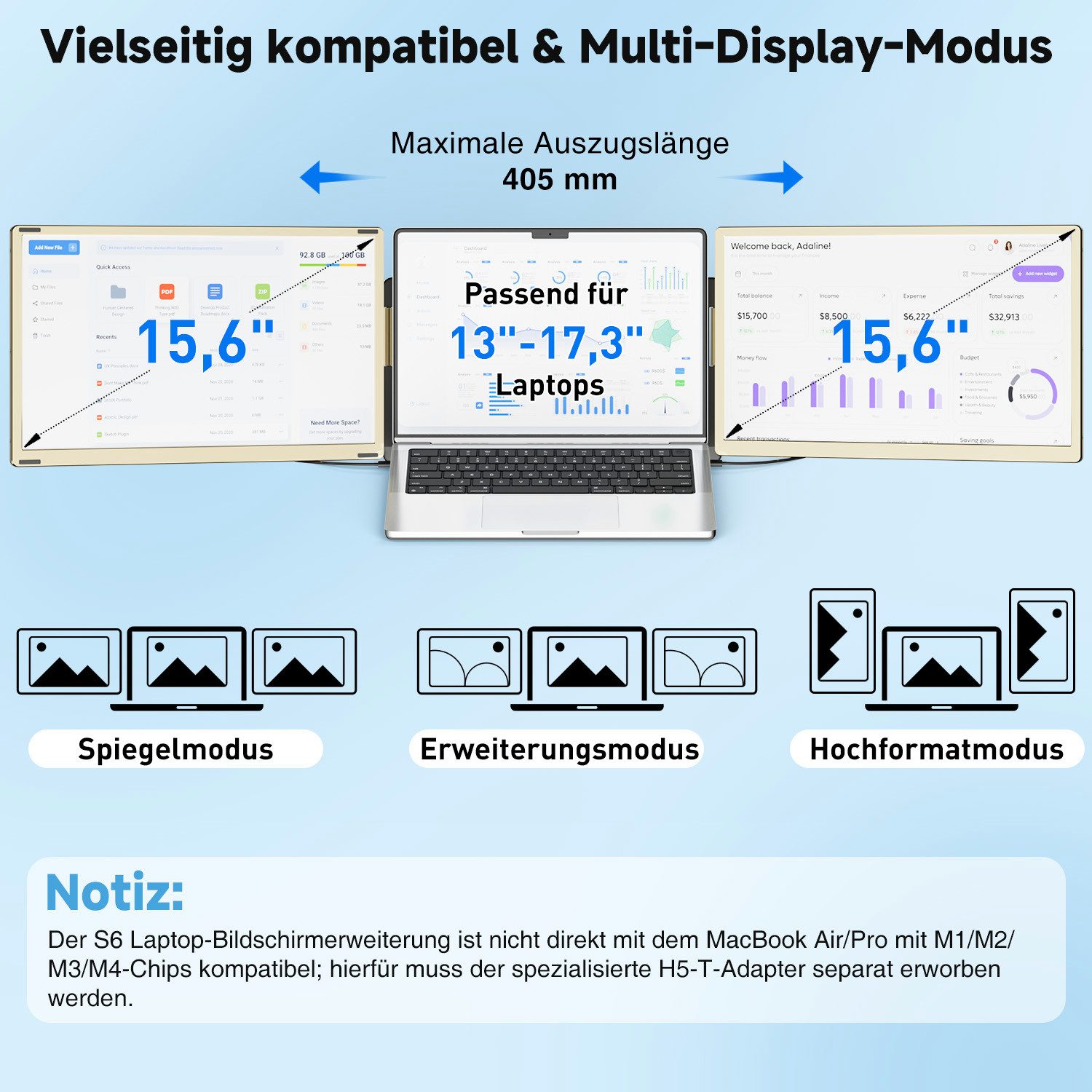 KEFEYA Dual-Screen-Laptop-Bildschirm-Extender Laptop-Bildschirmerweiterung Portabler Monitor (16 cm/15.6 ", 1920x1080 px, Full HD, 60 Hz, HDR, Als Einzelbildschirm nutzbar, passend für Laptops von 13-17,3 Zoll)
