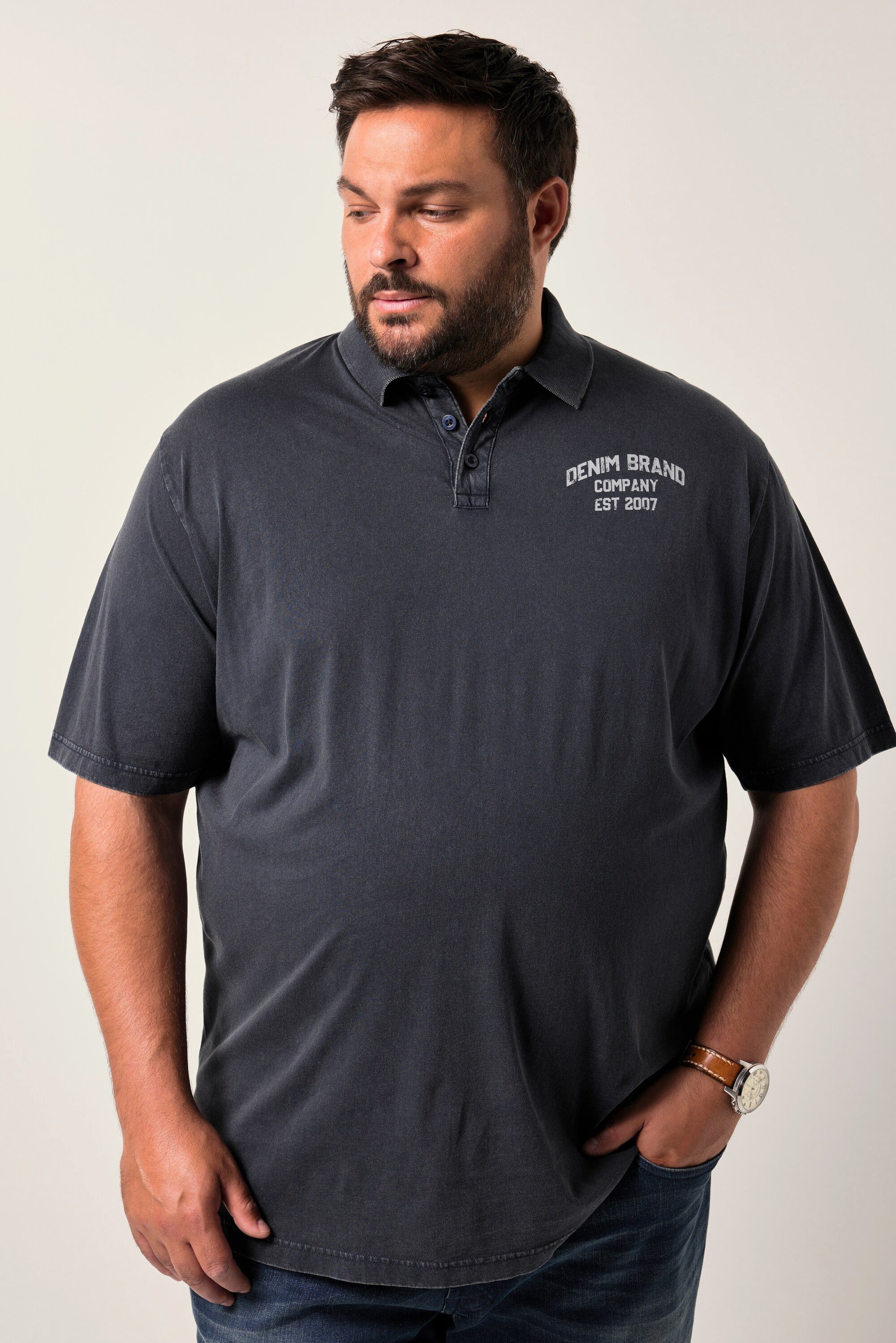Men Plus Poloshirt Men+ Poloshirt Halbarm Brustprint Vintage Look