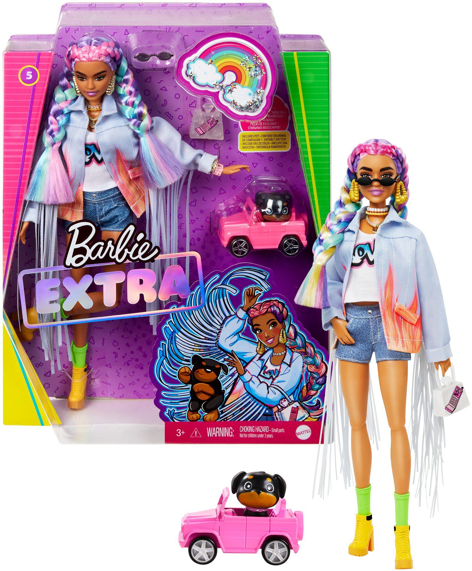 Image of Barbie Anziehpuppe »EXTRA«, mit geflochtenem Regenbogen-Zopf und Hündchen