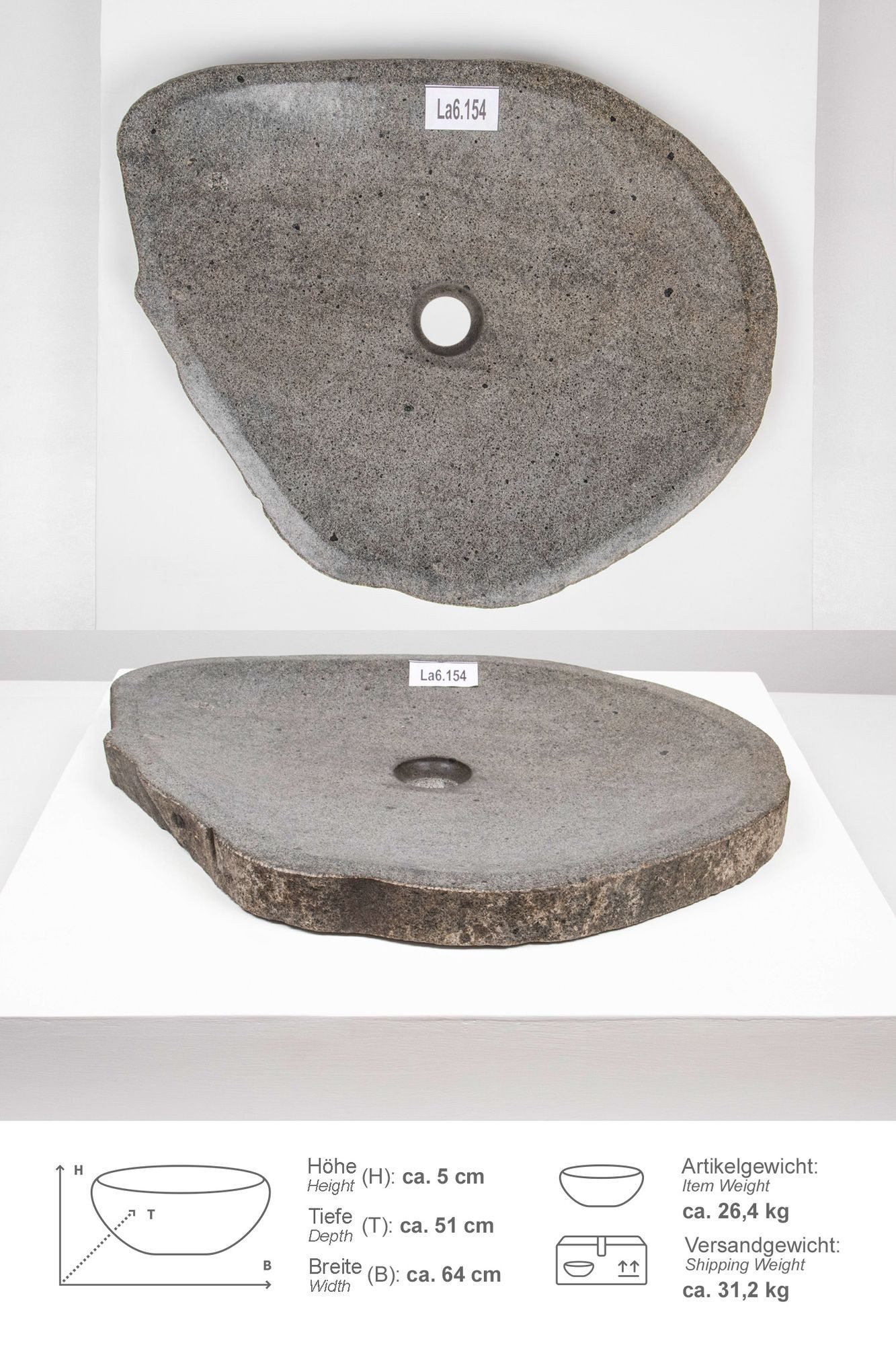 wohnfreuden Aufsatzwaschbecken Naturstein Waschbecken 60 cm extraflach (Kein Set), 40346_La6.154