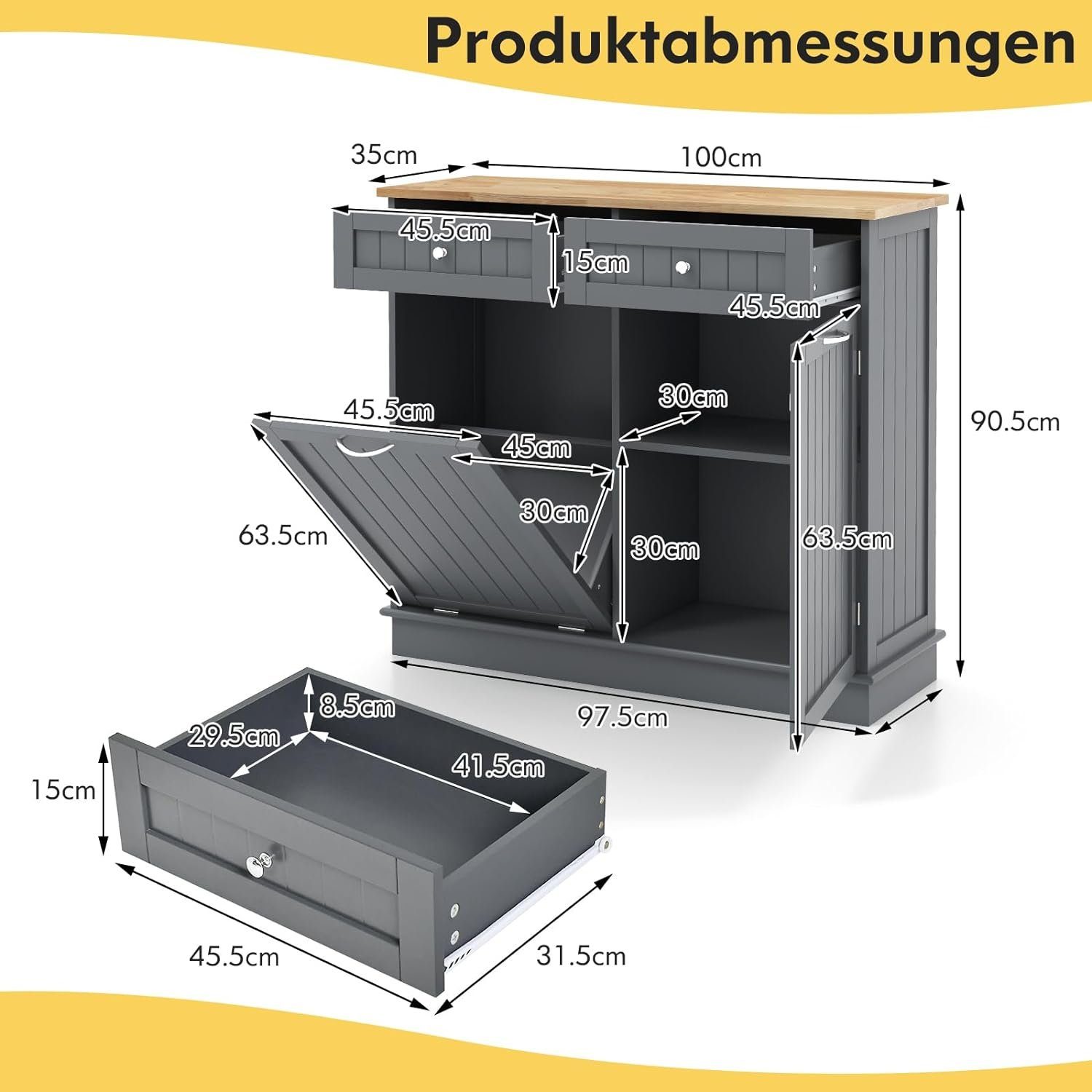 KOMFOTTEU Sideboard Küchenschrank, mit großer Arbeitsplatte & 2 Schubladen