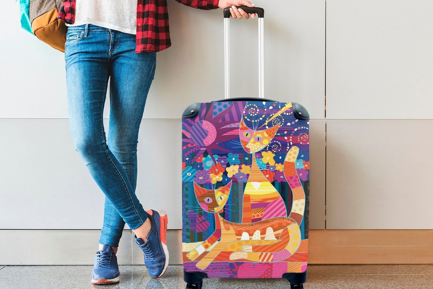 MuchoWow Handgepäckkoffer Eine Illustration einiger 4 Reisetasche mit Trolley, Rollen, Pop-Art-Katzen, Ferien, Handgepäck rollen, Reisekoffer für