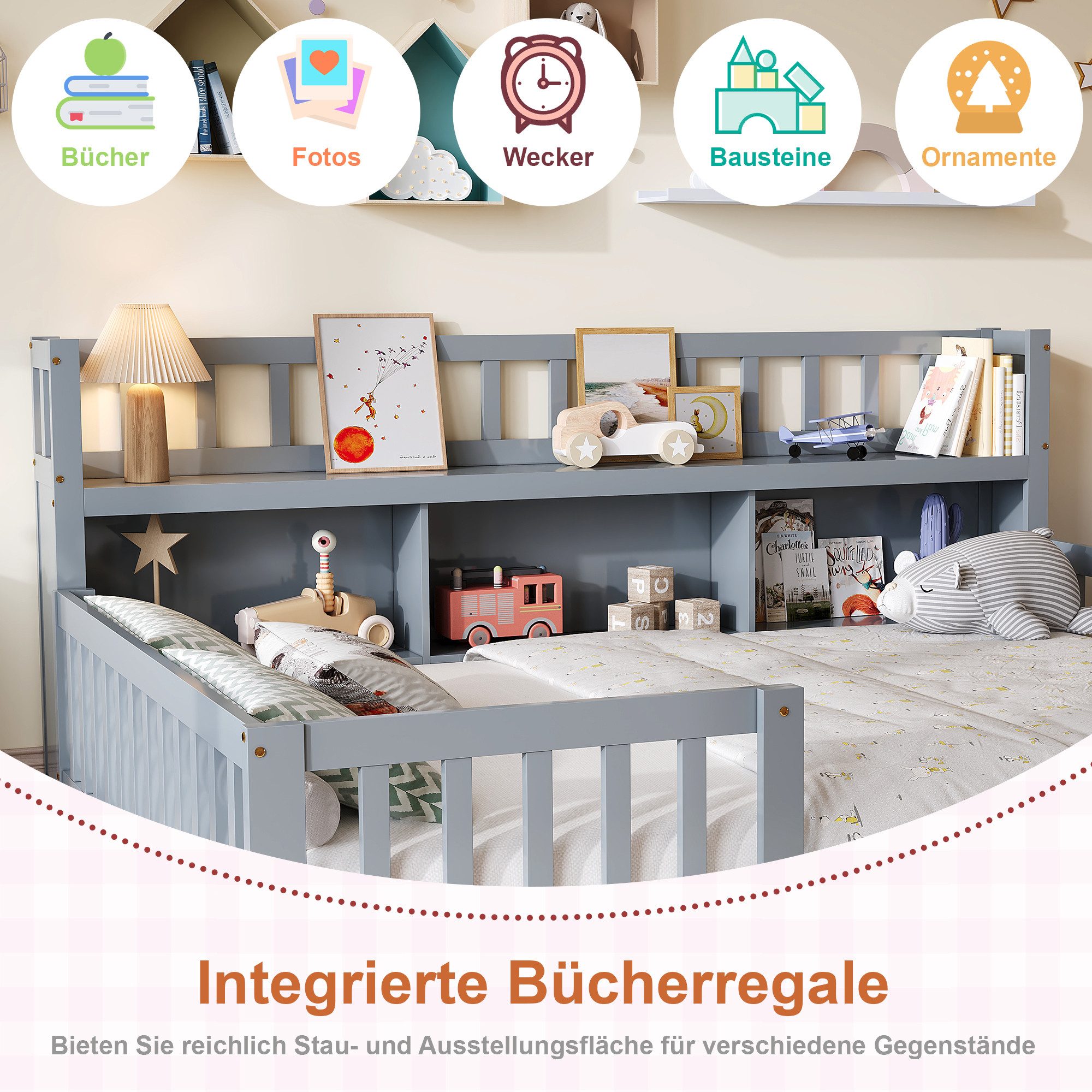 FUROKOY Kinderbett Bodenbett mit Rausfallschutz und Lattenrost (Set, 1-tlg., 140*200cm Bett,Grau), mit offenen Staufächern – Bild 3 von 5