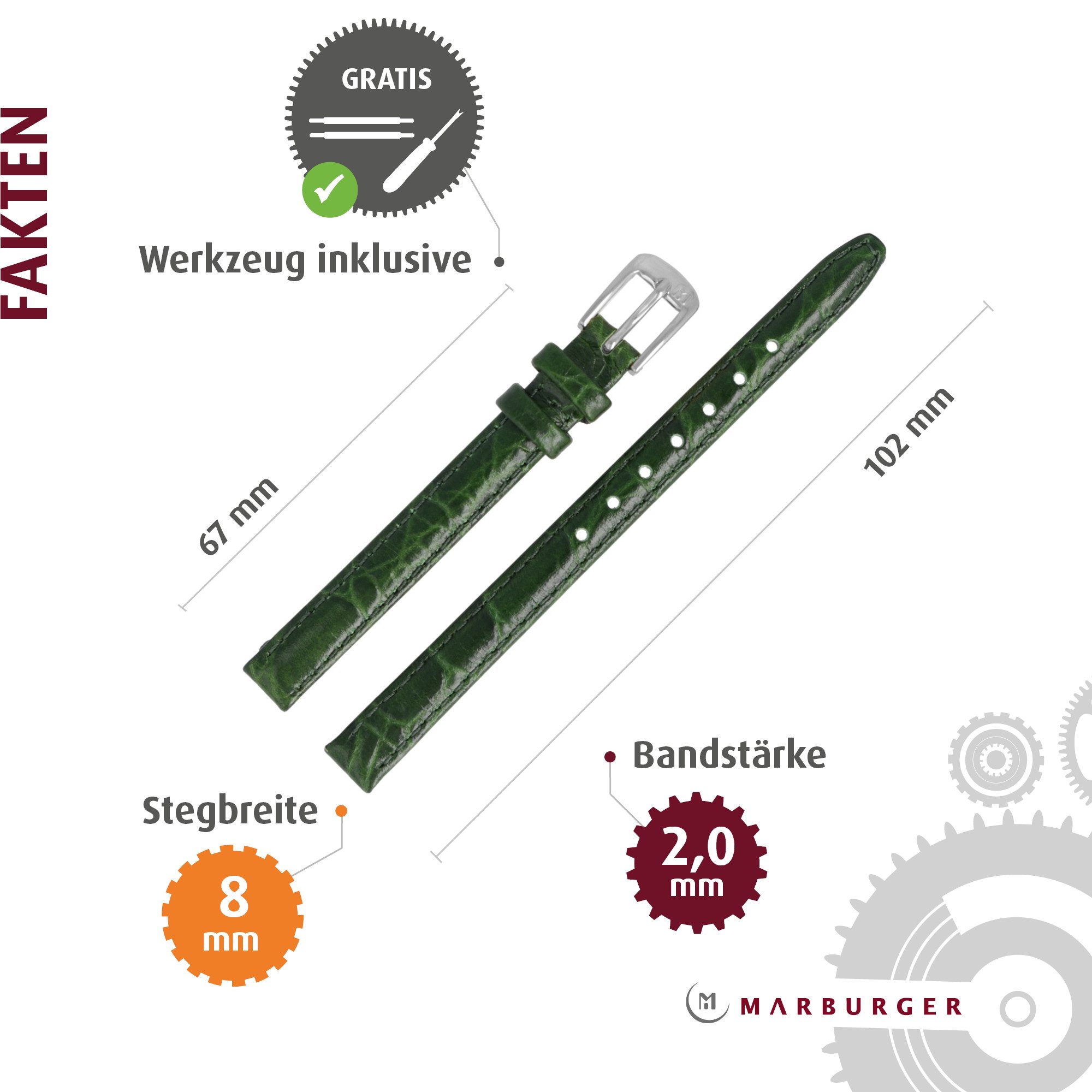 MARBURGER Uhrenarmband 8mm Leder Kroko (Caiman) Prägung