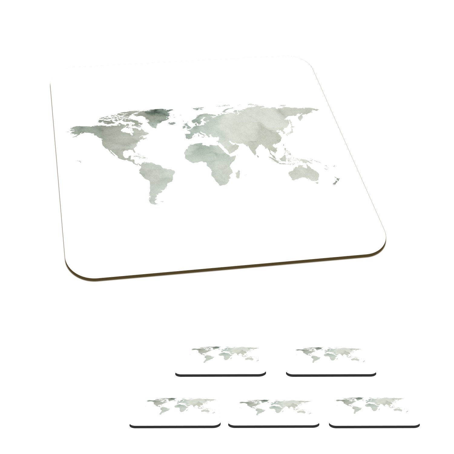 MuchoWow Glasuntersetzer Weltkarte - Aquarell - Grau, Zubehör für Gläser, 6-tlg., Glasuntersetzer, Tischuntersetzer, Korkuntersetzer, Untersetzer, Tasse