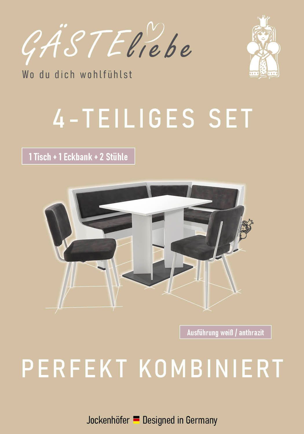 OTTO home Eckbankgruppe Theo (Set, 4-tlg. Tisch, Bank und 2 Stühle) 2 Farben wählbar, Bank links/rechts montierbar, mit Stauraum, Stühle im 2er Set