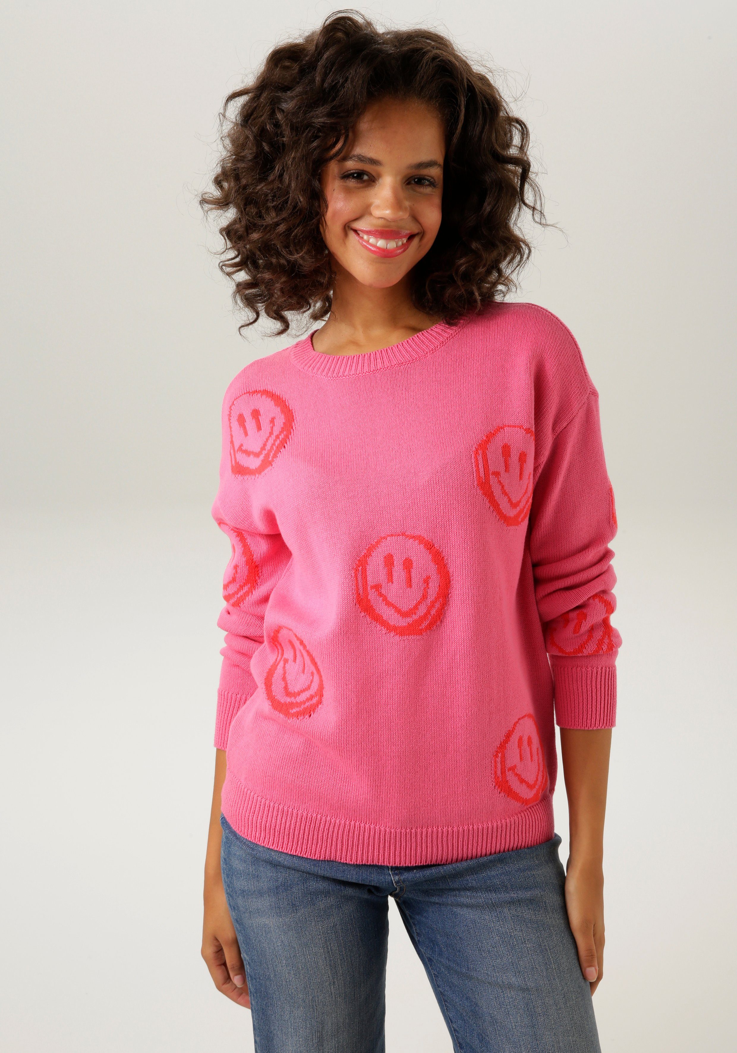 Aniston CASUAL Strickpullover mit eingestrickten KOLLEKTION Smileys pink-rot - NEUE