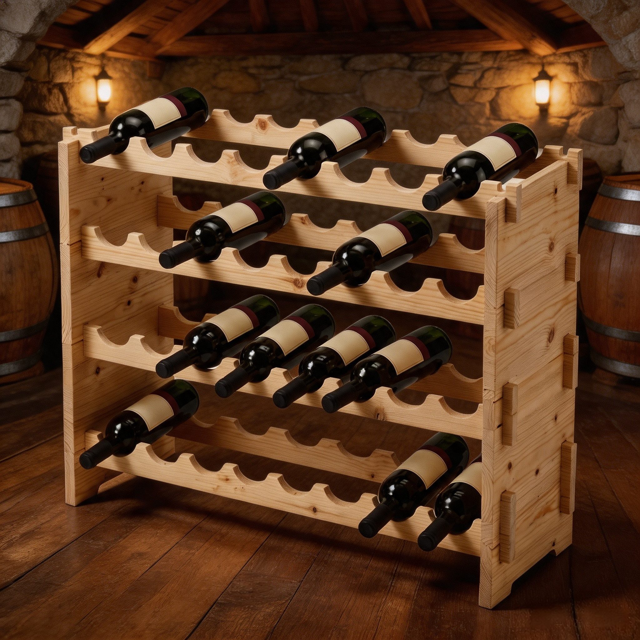 GarveeMore Weinregal aus Kiefernholz(weich zur Flasche, stark im Keller), stehend, 1,5 cm Dicke, 4-12 Ebenen, Belastbarkeit pro Etage: max. 10 kg, Natur