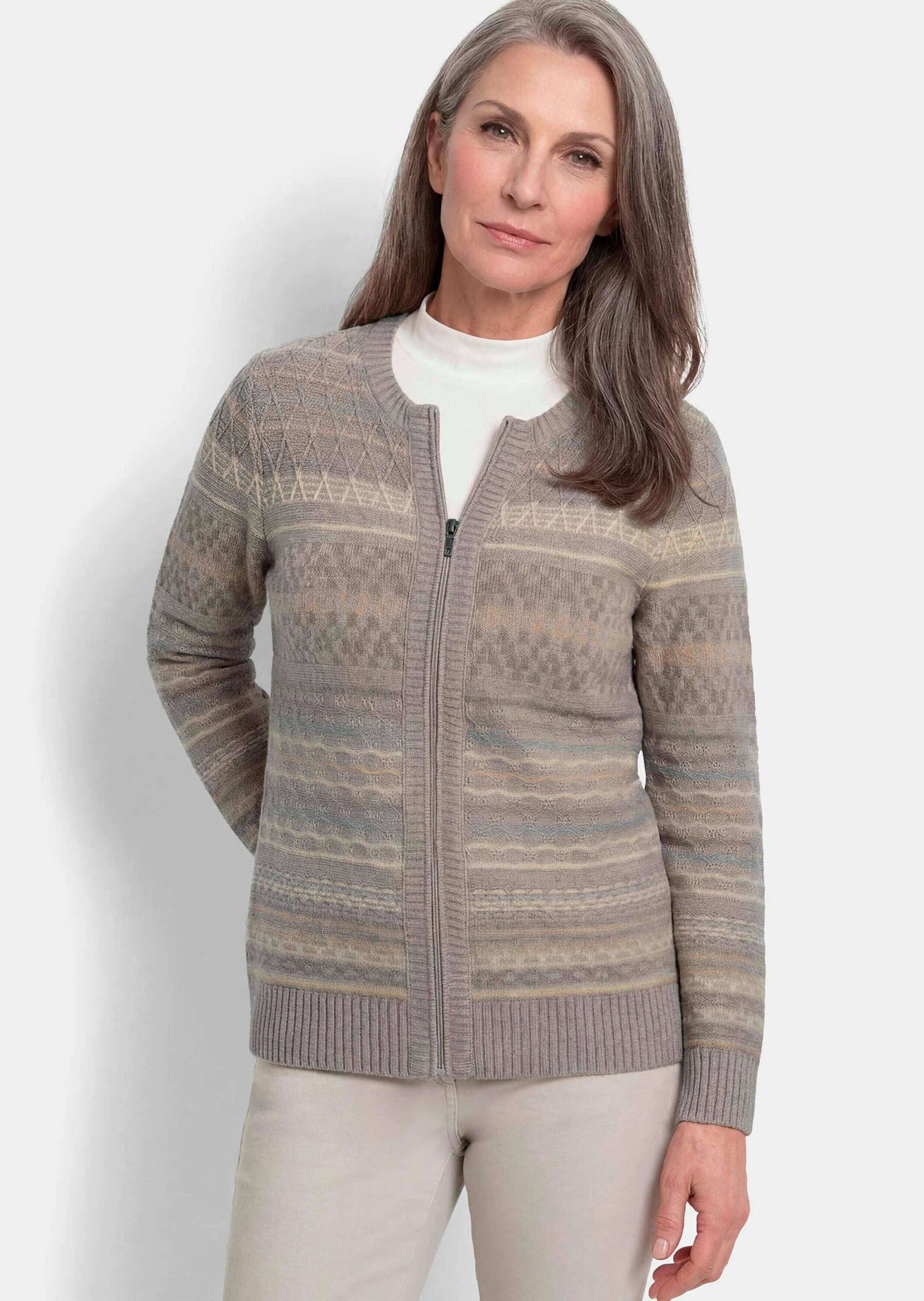 GOLDNER Strickjacke Warme Strickjacke mit Reißverschluss Strickmodell mit grafischem Jacquardmuster, gerader Schnitt, Langarm