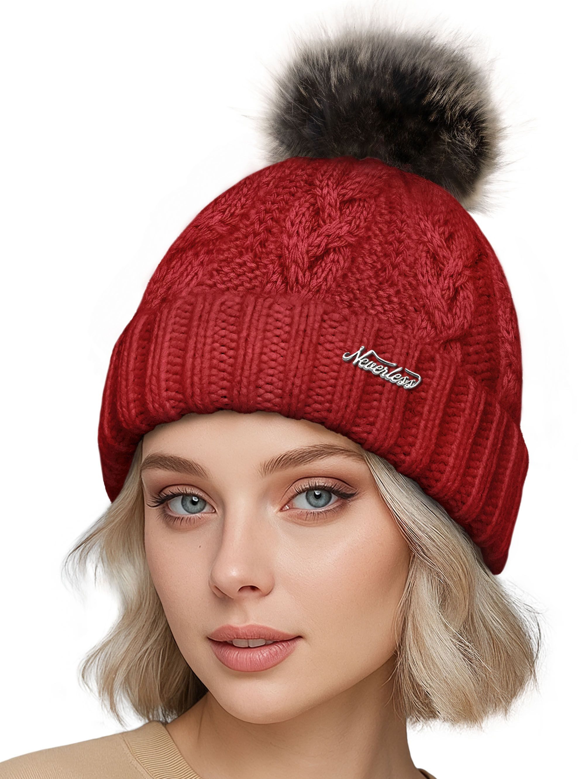 Strickmütze Damen Strickmütze Zopfstrickmuster Bommelmütze gefüttert mit Fleece