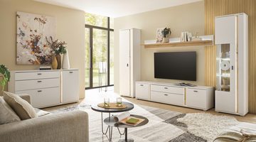 Furn.Design Lowboard Bellport (TV Unterschrank in weiß matt mit Wotan Eiche, 200 x 45 cm), mit Soft-Close, inklusive Beleuchtung