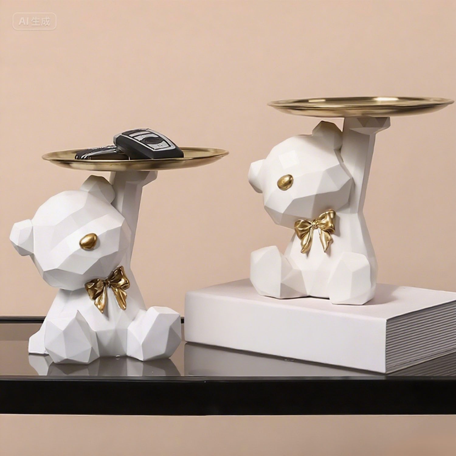 HEYHIPPO Dekotablett Dekofigur Bär mit Tablett – Niedliche weiße Bären-Skulptur aus Harz (Home Desktop Ornamente geeignet für Wohnzimmer Eingang Büro Wohnzimmer – Bild 4 von 5