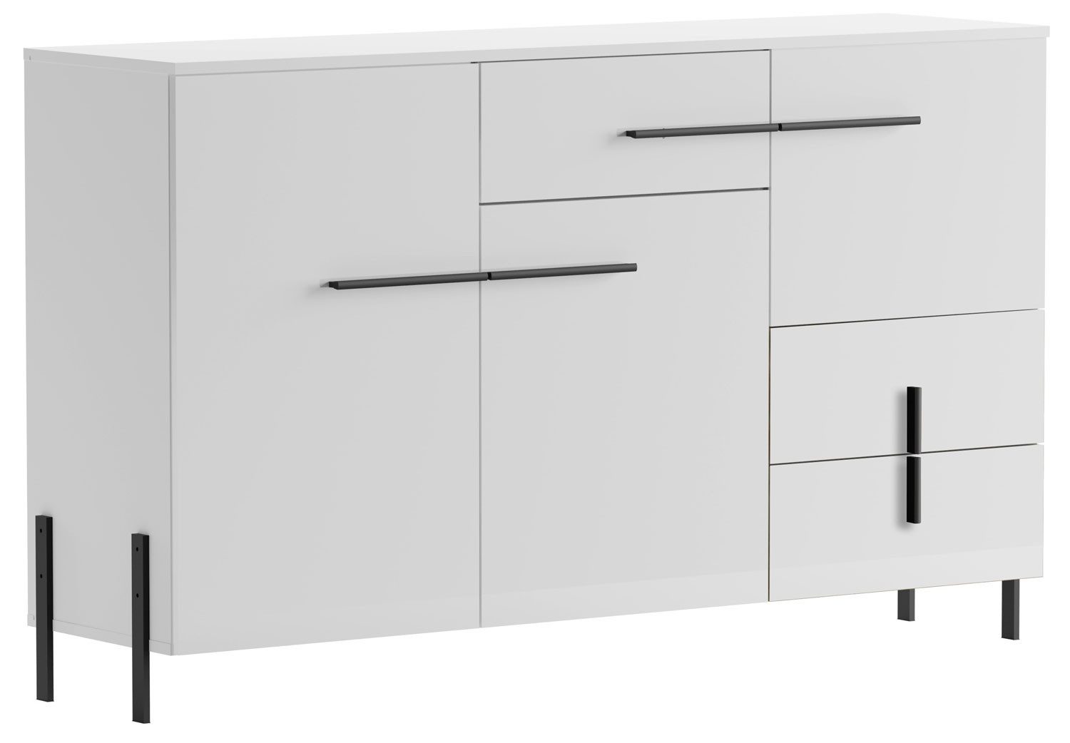 Feldmann-Wohnen Kombikommode Vigo (3 Türen, 3 Schubladen mit Kugelauszug, 2 Einlegeböden, 1 St., moderne Optik, Kunststoffgriffe & Metallfüße in schwarz matt), 150x40x91cm Korpus weiß / Front weiß Hochglanz