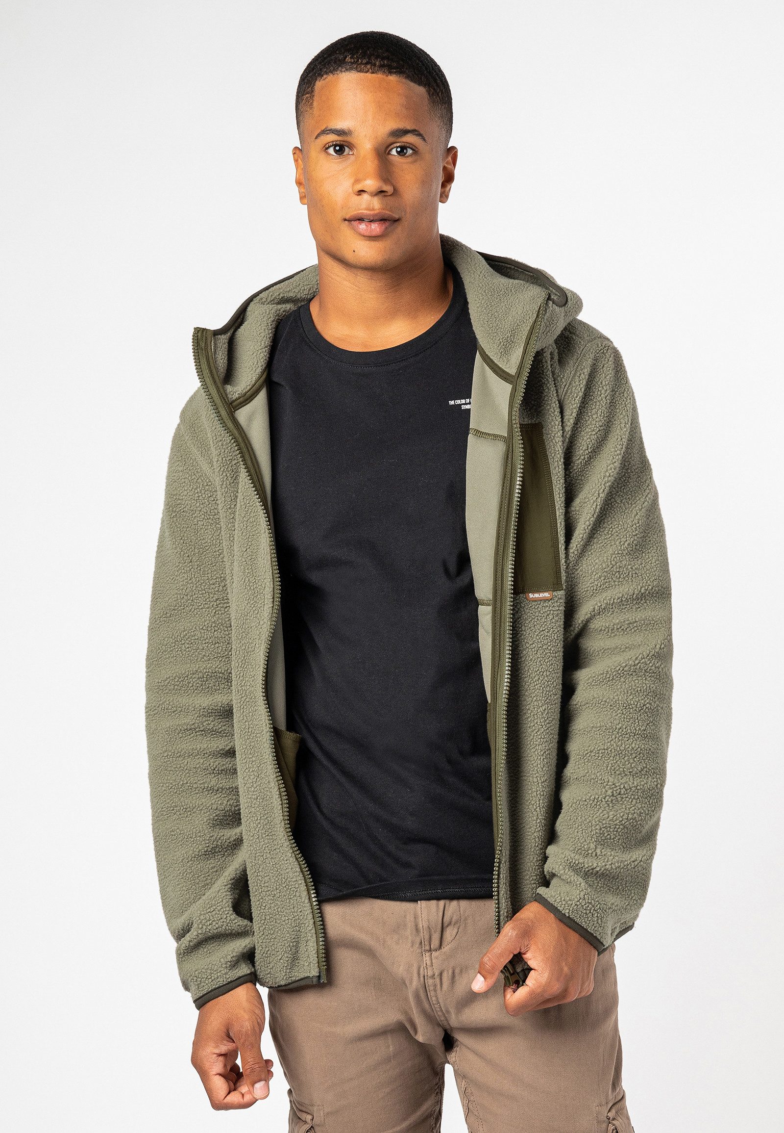 SUBLEVEL Fleecejacke Herren Teddyfleecejacke mit Brusttasche und Kapuze Fleecejacke Outdoorjacke Kuscheljacke