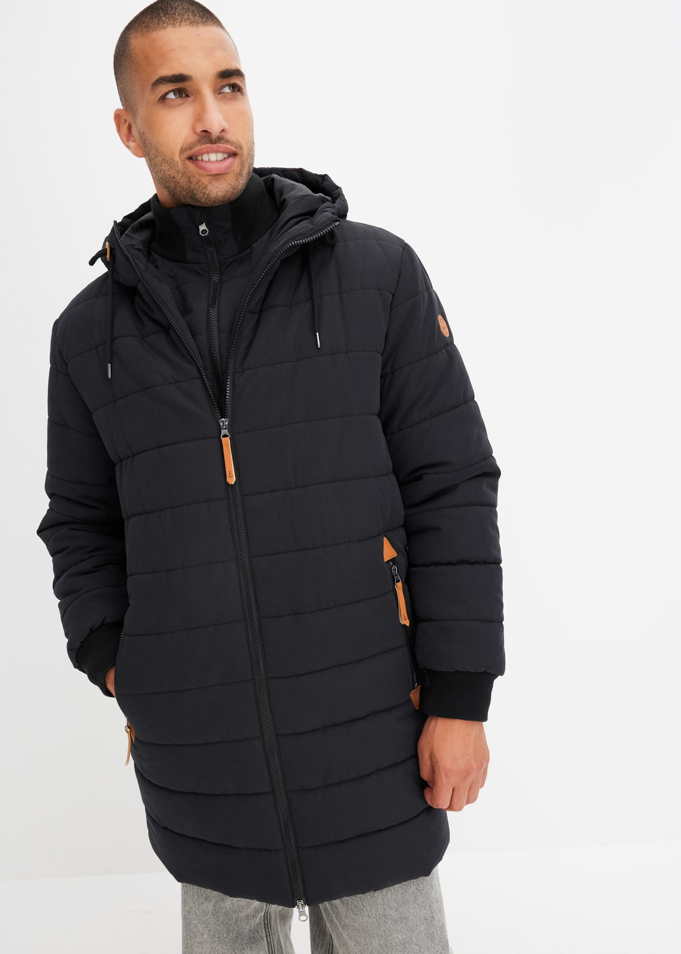 bonprix Steppjacke wattierter Stepp-Parka mit Kapuze und Lederimitat-Details