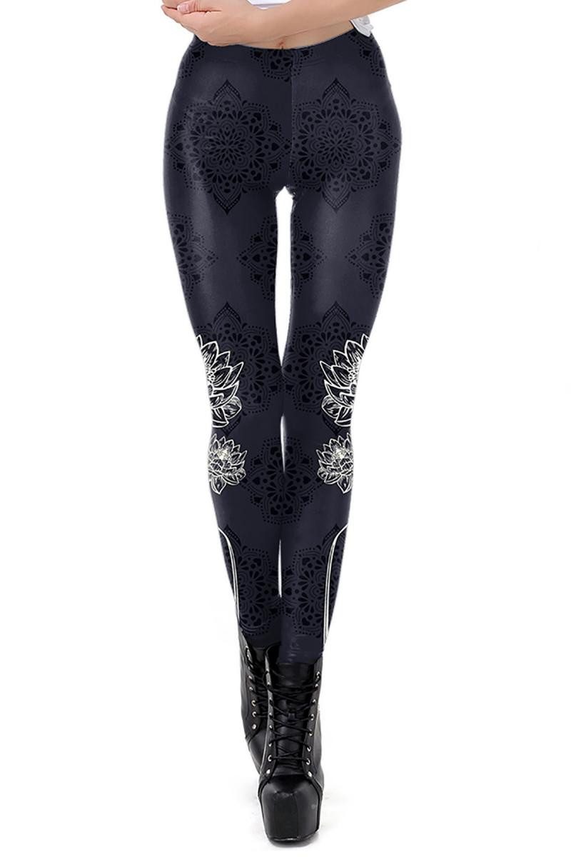 Ocultica Leggings Dunkelblaue Damen Mandala Leggings mit Druck gothic Hose Pants mit Gum