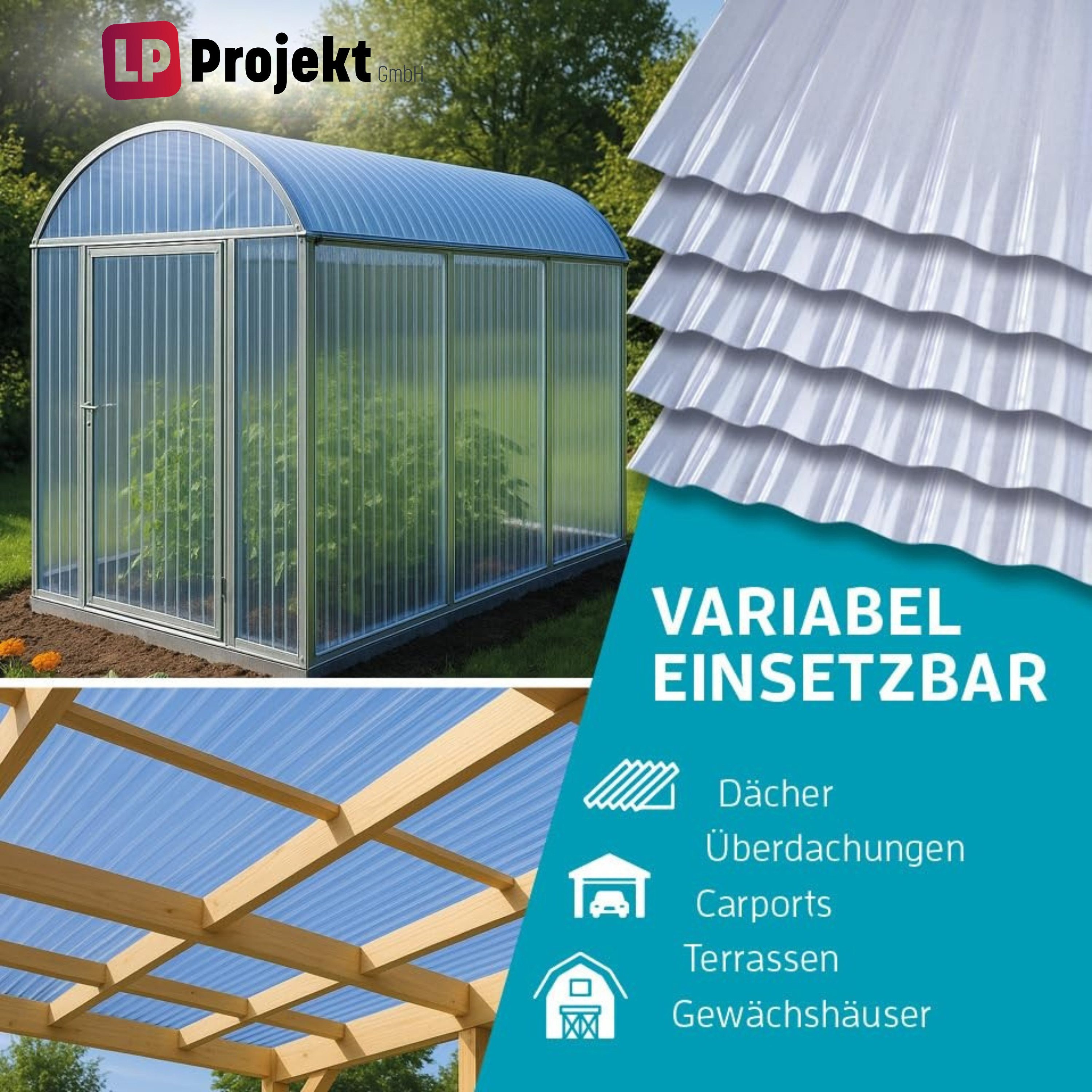 LP projekt Wellplatte Dach Kunststoff – Wetterfest & Langlebig für Überdachung, 1,2 mm, 1,05 m², (1-St., Einzelplatte oder 1er-/5er-/10er-Set), 90x117 cm Welldachplatten Transparent – Ideal für Carport & Garten