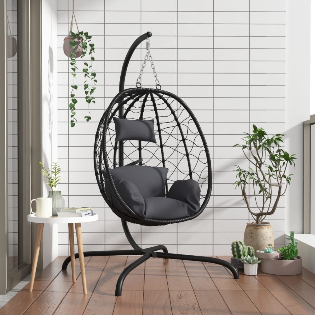 furnicato Hängestuhl Hängesessel Schwarz 106 x 103 x 195 cm mit Kissen Anthrazit (1 St), Wetterfester Ei-Sessel mit stabilem Gestell und weichem Kopfkissen