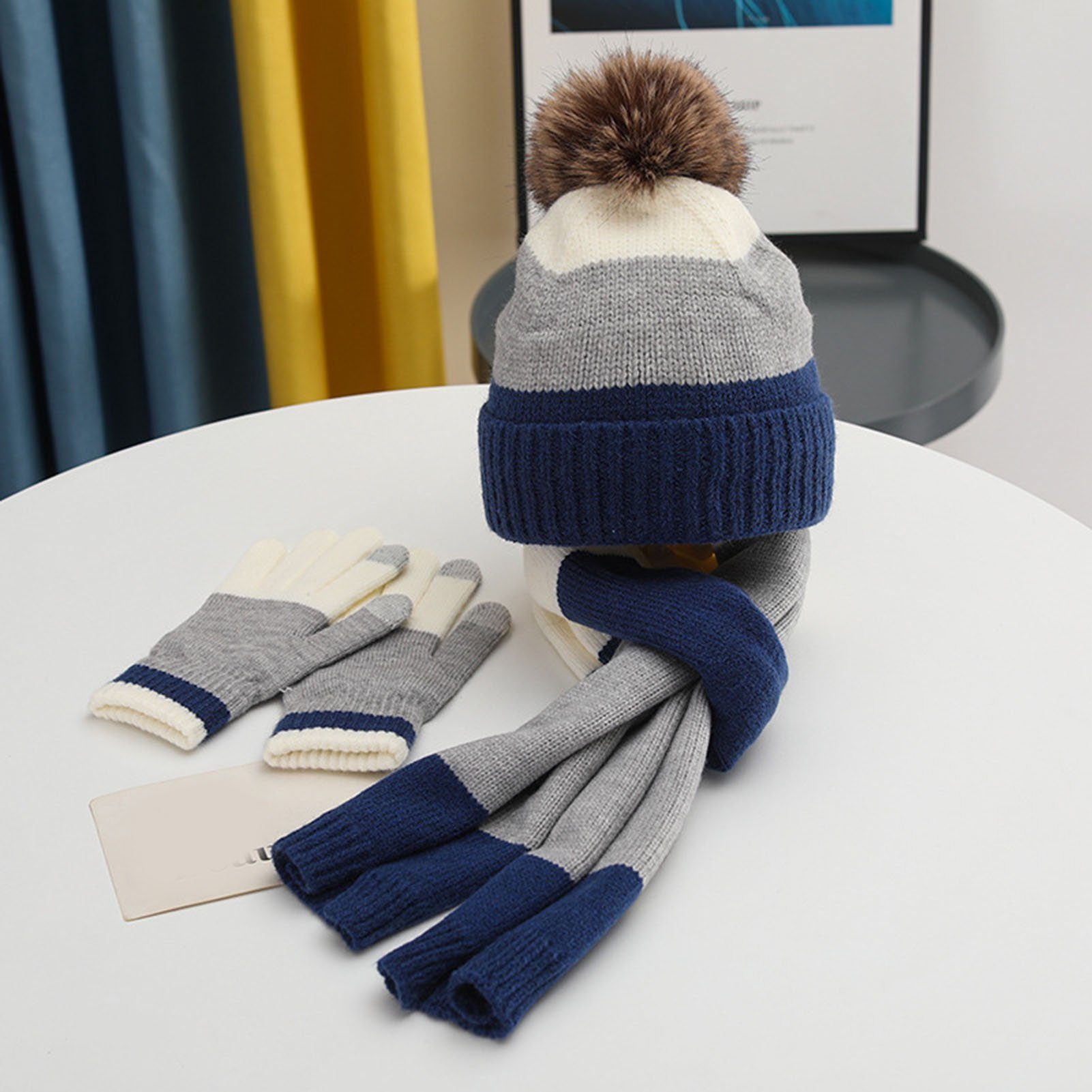 Rutaqian Mütze & Schal 3in1 Wintermütze (für Mütze und Set Kinder Schal Handschuhe Strickmütze Beanie Blau Warm Thermo Gefüttert Wintermütze Winter Mädchen3-8Jahre) mit Jungen