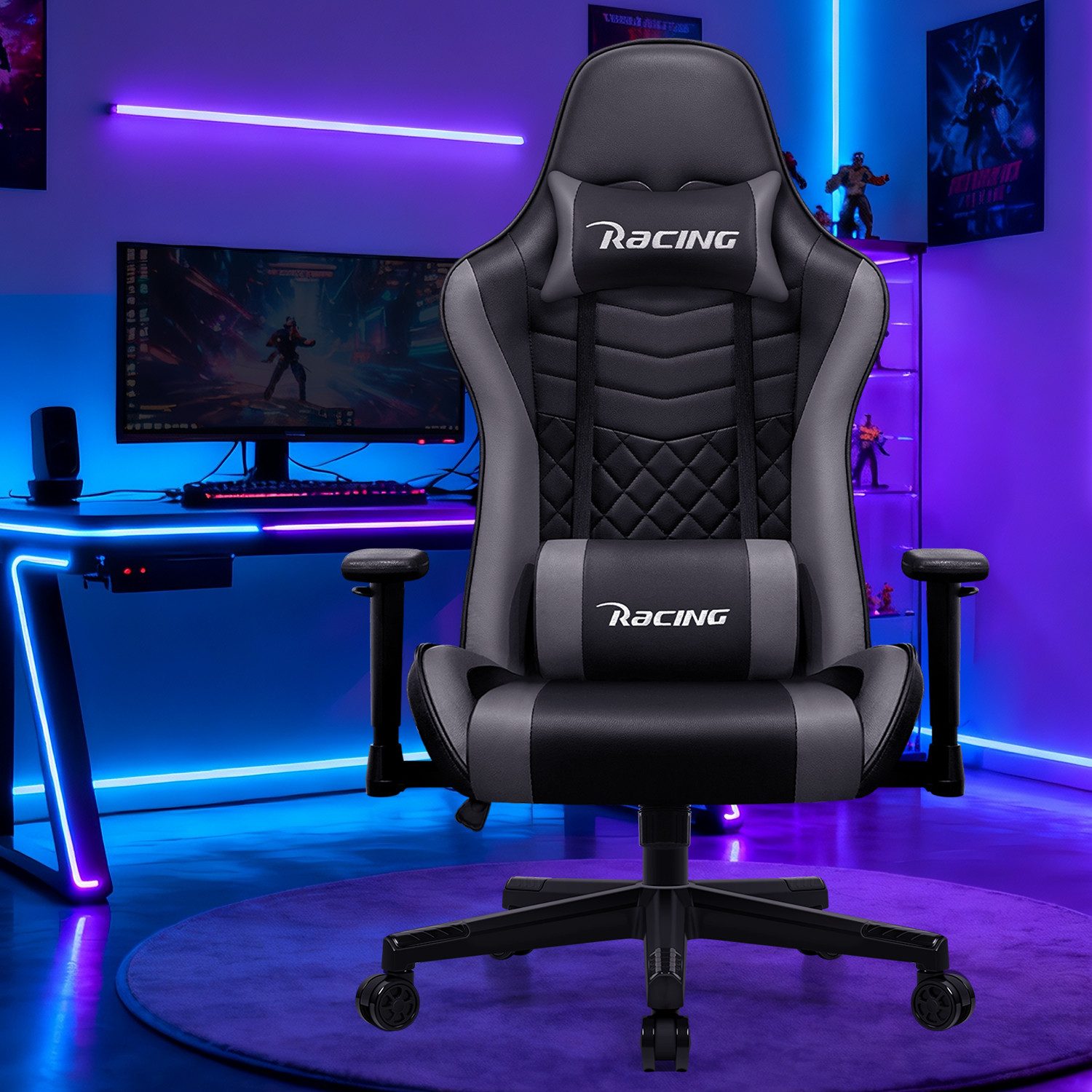 Hiazurm Gaming-Stuhl Gaming Stuhl, Bürostuhl Ergonomisch, Gaming Chair (Ergonomischer Gamer Stuhl mit Wippfunktion, bis 150 kg Belastbarkeit), Gaming Stuhl Bürostuhl mit Verstellbare Armlehnen, Kopfstütze