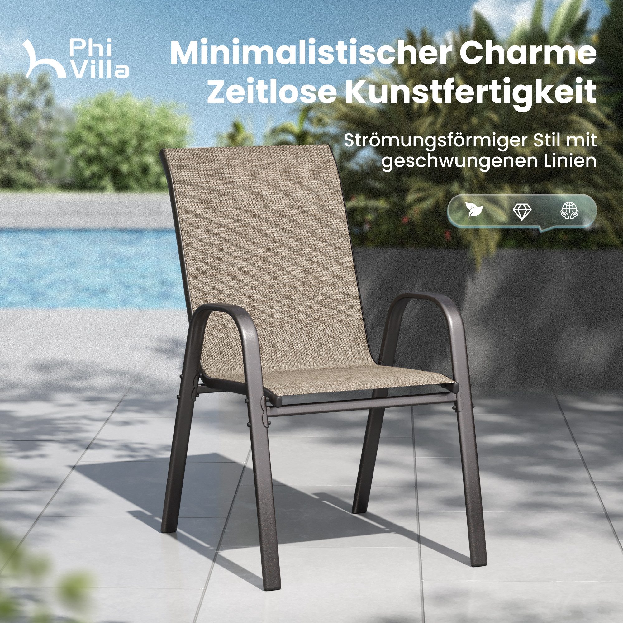 PHI VILLA Gartenstuhl (Gartensessel Stapelstühle Hochlehner, E-Lackierung Metallgestell für Hinterhof Veranda Terrasse Poolbereich, 2 St), 2er Set - 4er Set - 6 – Bild 2 von 5