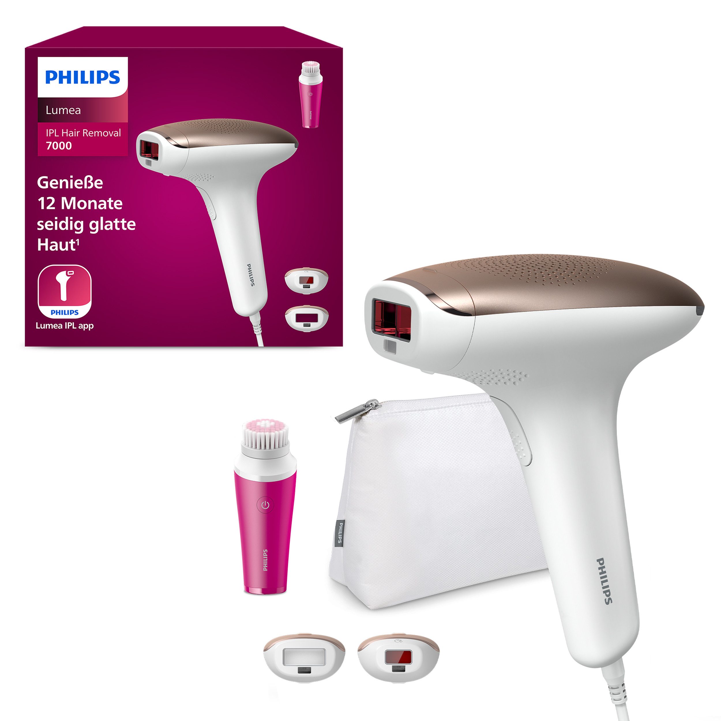 Philips IPL-Haarentferner Lumea S7000 BRI924/00, 250000 Lichtimpulse, 2 Aufsätze (Körper und Gesicht), inkl. Visa Pure Mini-Gesichtsbürste