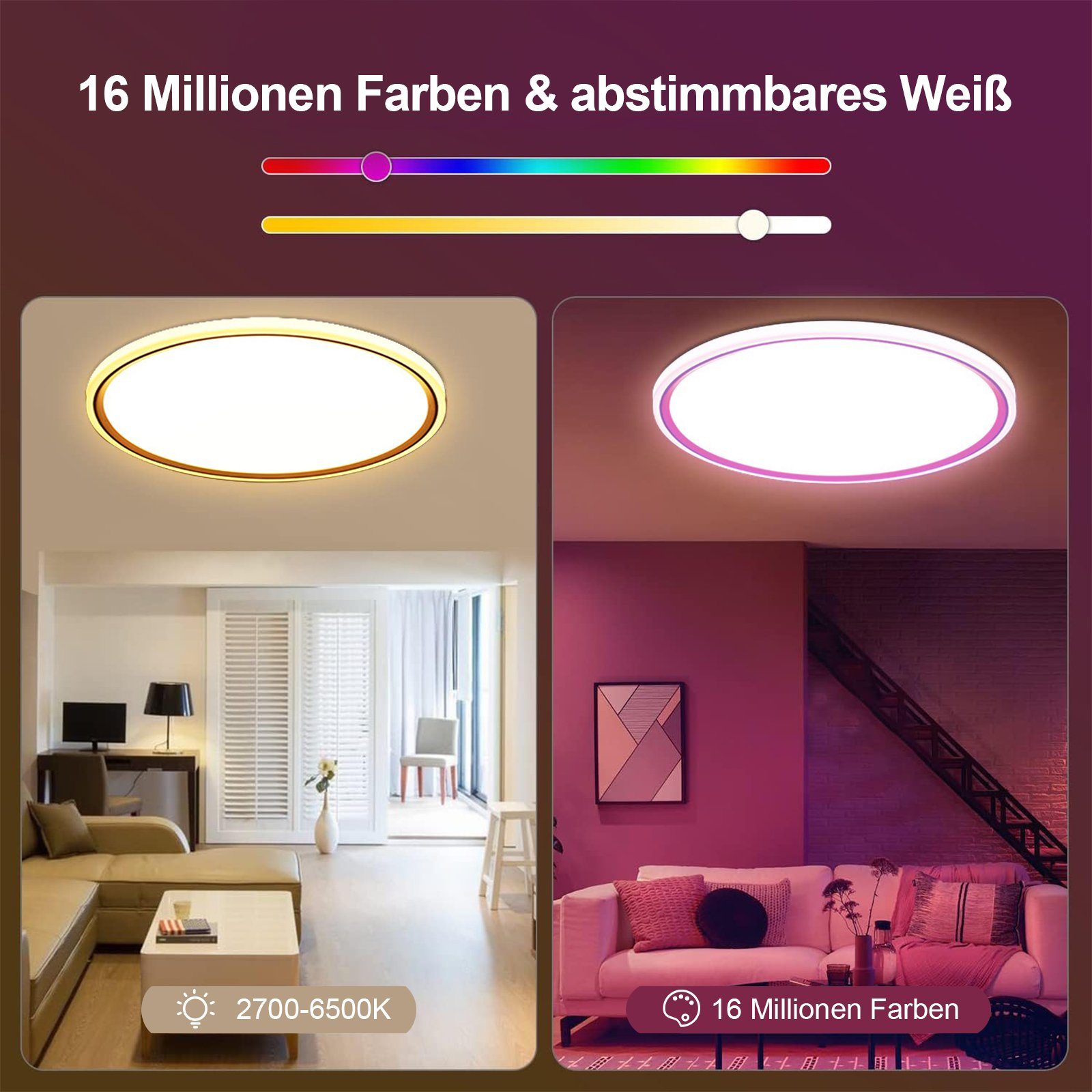 Qualra Tageslichtlampe LED Deckenlampe Dimmbar Fernbedienung 3000-6500K Musik-Synchronisation